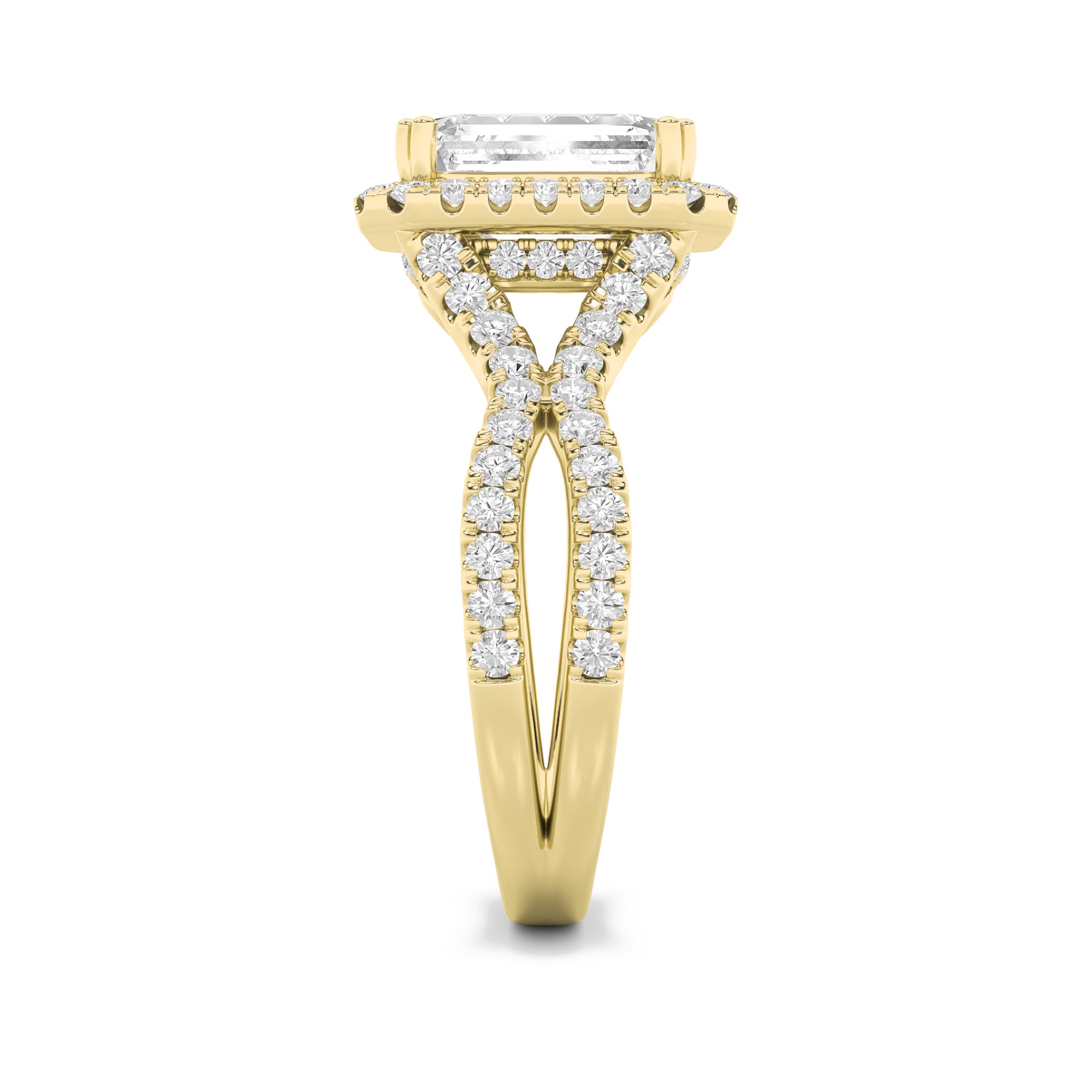 4CTW Emerald Shaped Lab Grown Diamond (F/VS) Split Shank Halo Engagement Ring in 14K Gold