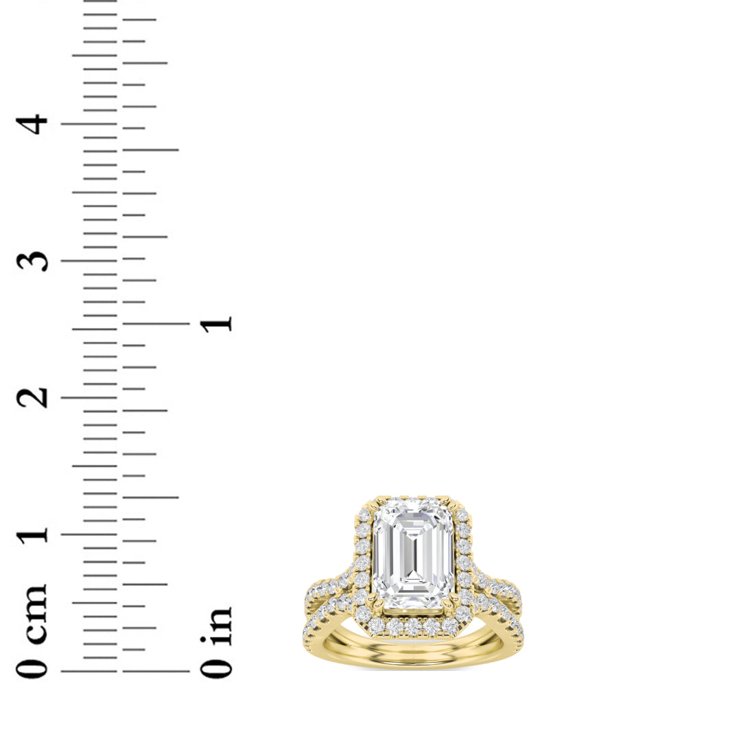 4CTW Emerald Shaped Lab Grown Diamond (F/VS) Split Shank Halo Engagement Ring in 14K Gold