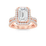4CTW Emerald Shaped Lab Grown Diamond (F/VS) Split Shank Halo Engagement Ring in 14K Gold