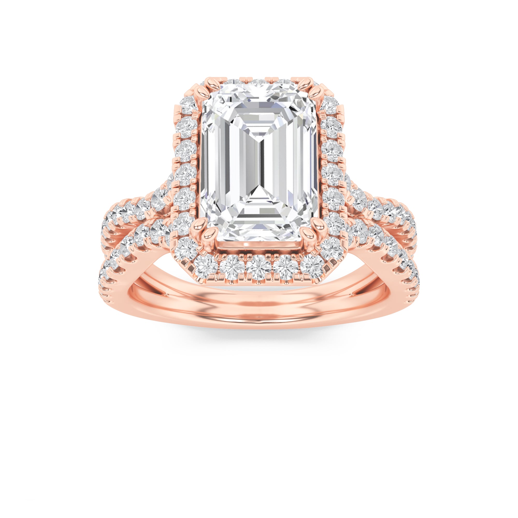 4CTW Emerald Shaped Lab Grown Diamond (F/VS) Split Shank Halo Engagement Ring in 14K Gold