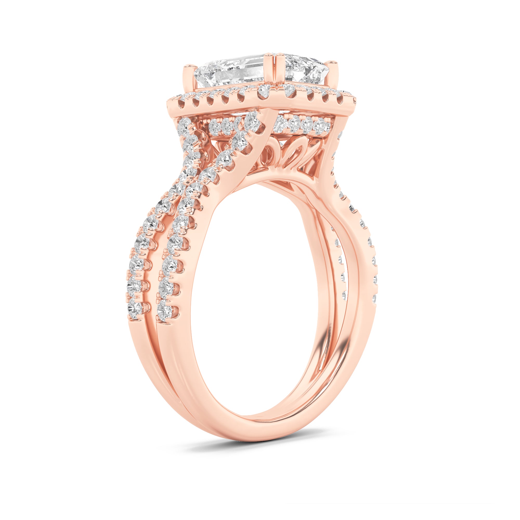 4CTW Emerald Shaped Lab Grown Diamond (F/VS) Split Shank Halo Engagement Ring in 14K Gold