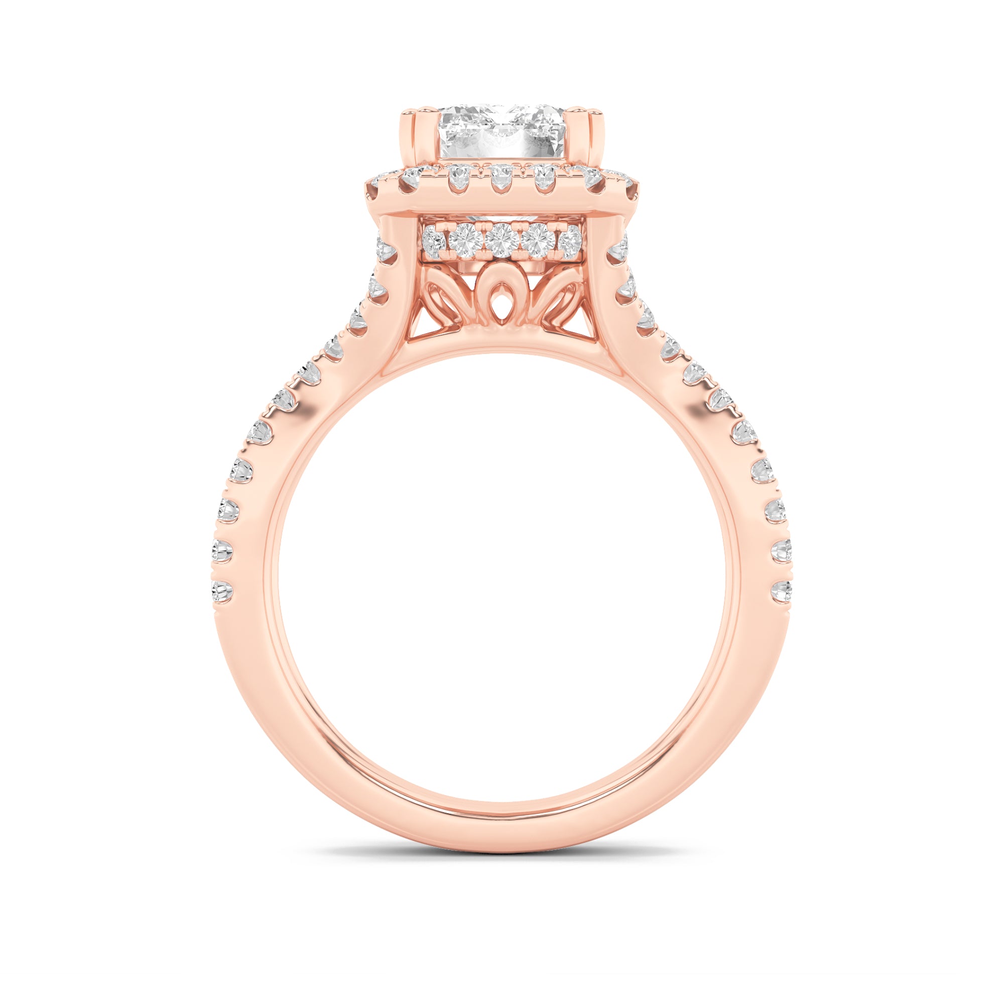 4CTW Emerald Shaped Lab Grown Diamond (F/VS) Split Shank Halo Engagement Ring in 14K Gold