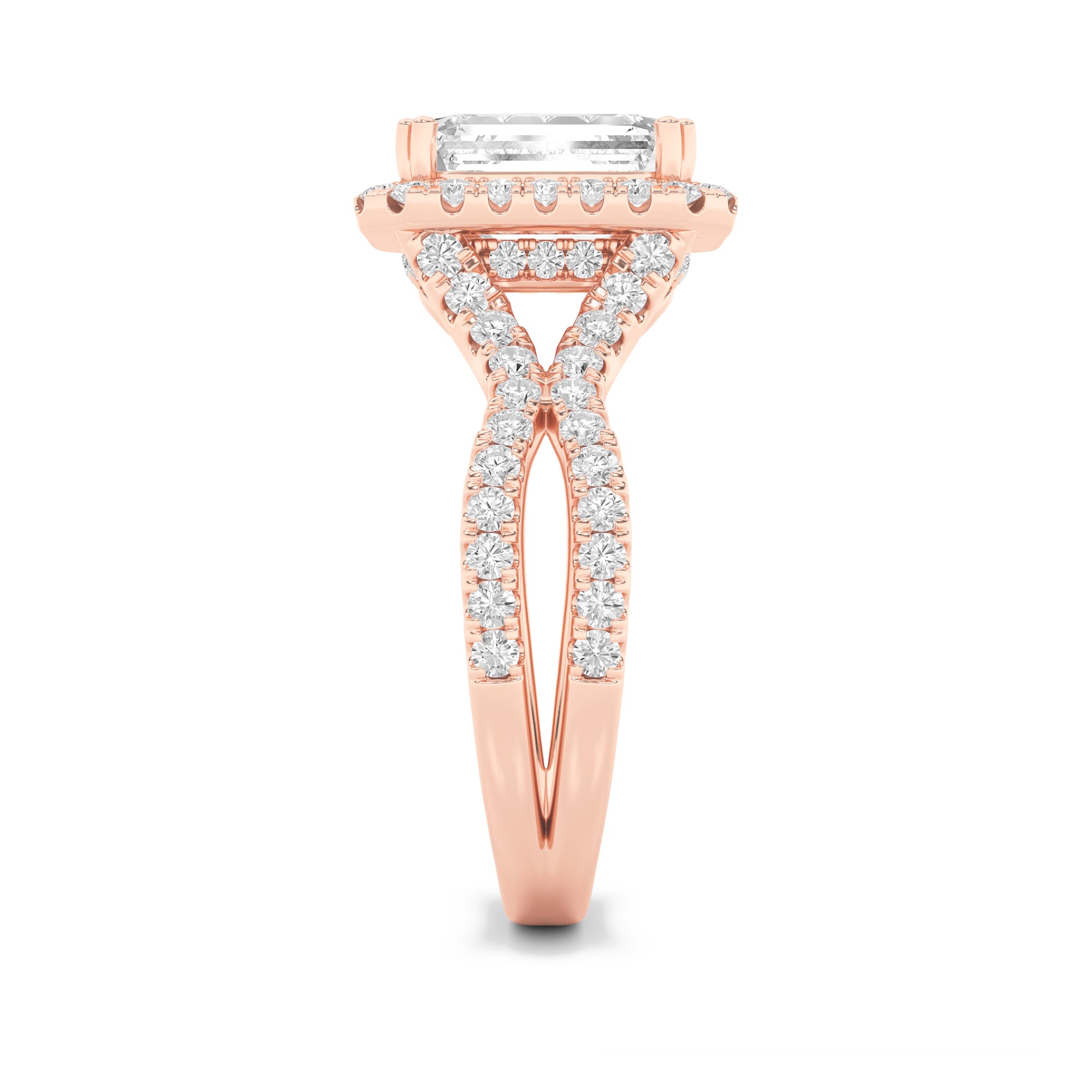 4CTW Emerald Shaped Lab Grown Diamond (F/VS) Split Shank Halo Engagement Ring in 14K Gold