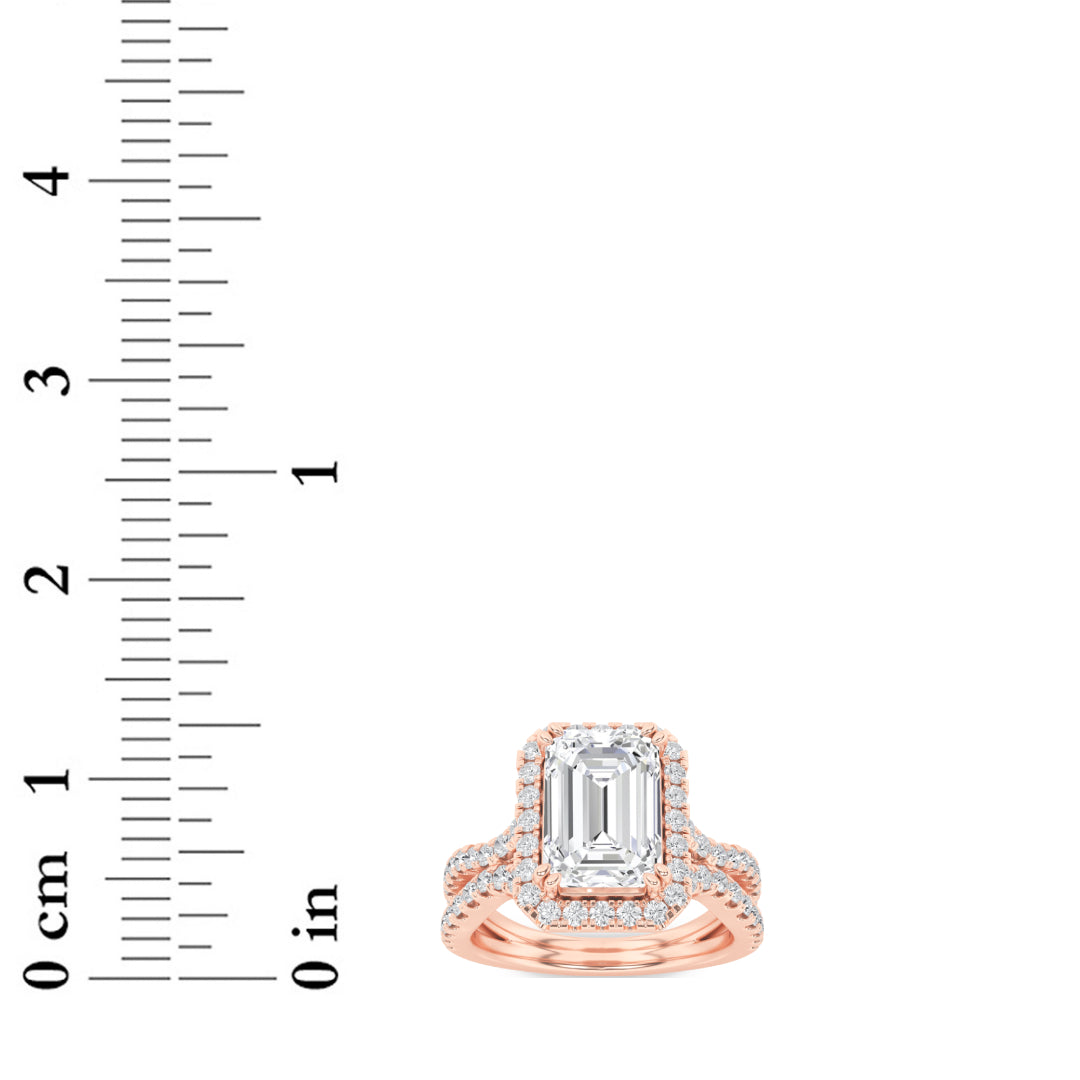 4CTW Emerald Shaped Lab Grown Diamond (F/VS) Split Shank Halo Engagement Ring in 14K Gold