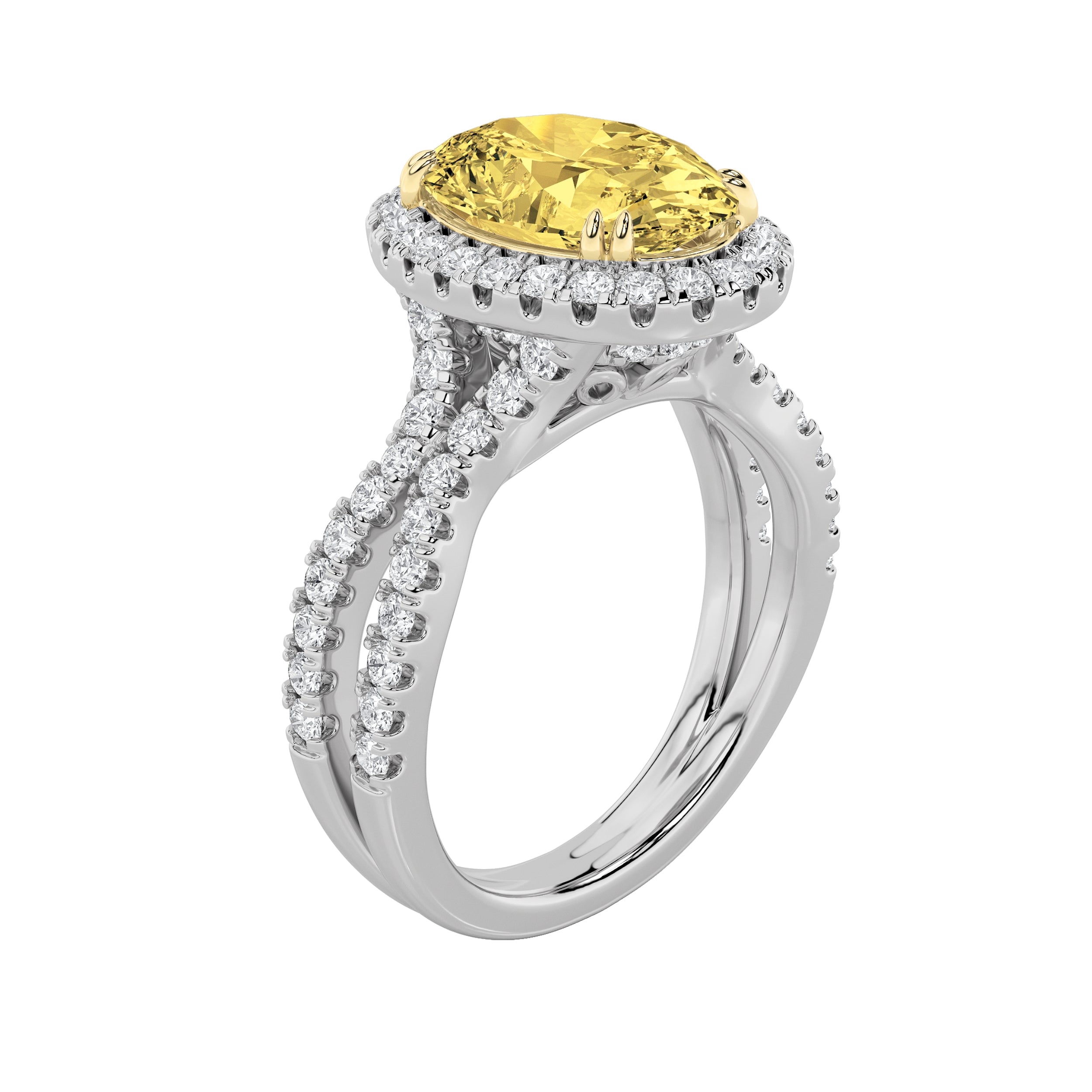 4CTW Oval Shaped Lab Grown Diamond (F/VS) Split Shank Halo Engagement Ring in 14K Gold