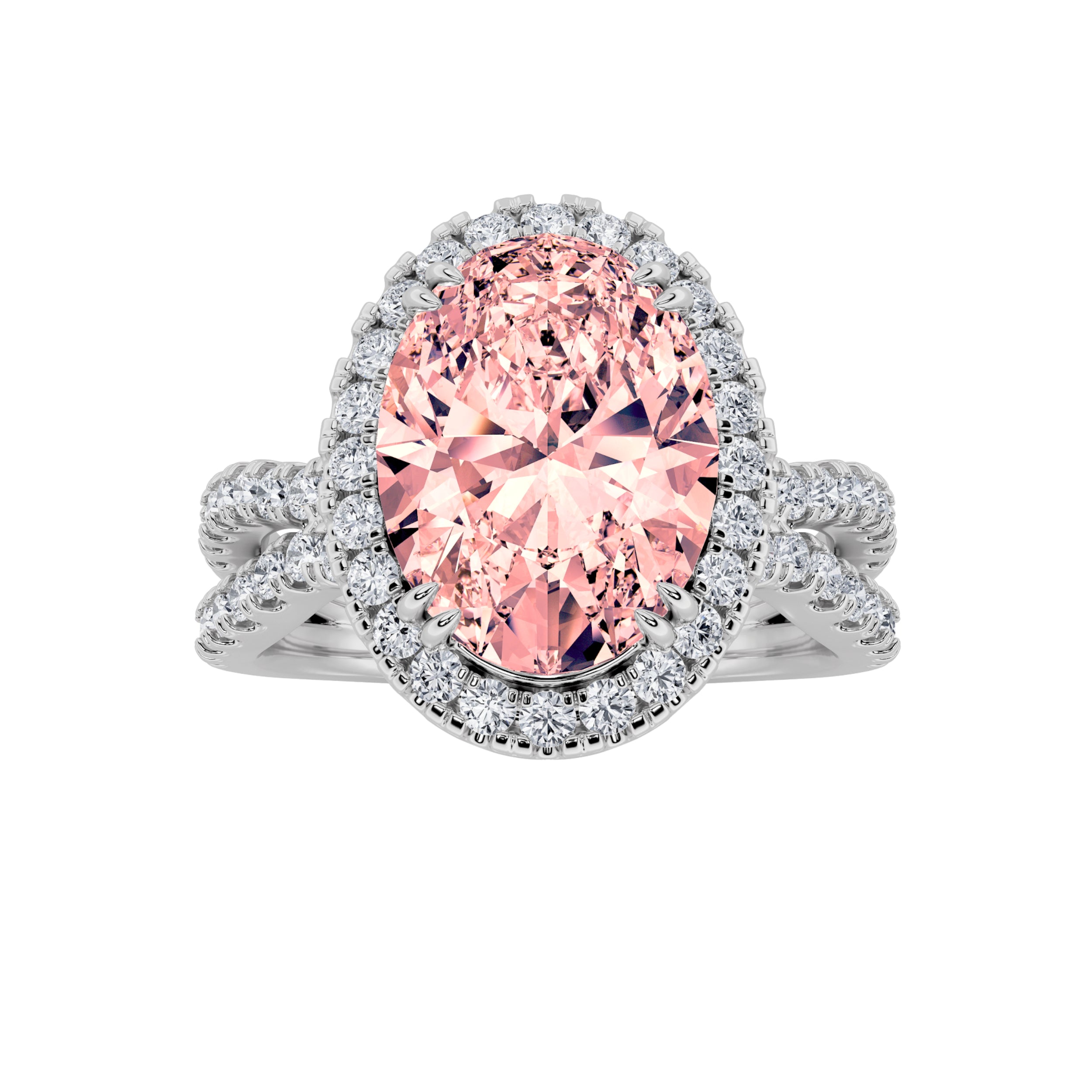 4CTW Oval Shaped Lab Grown Diamond (F/VS) Split Shank Halo Engagement Ring in 14K Gold