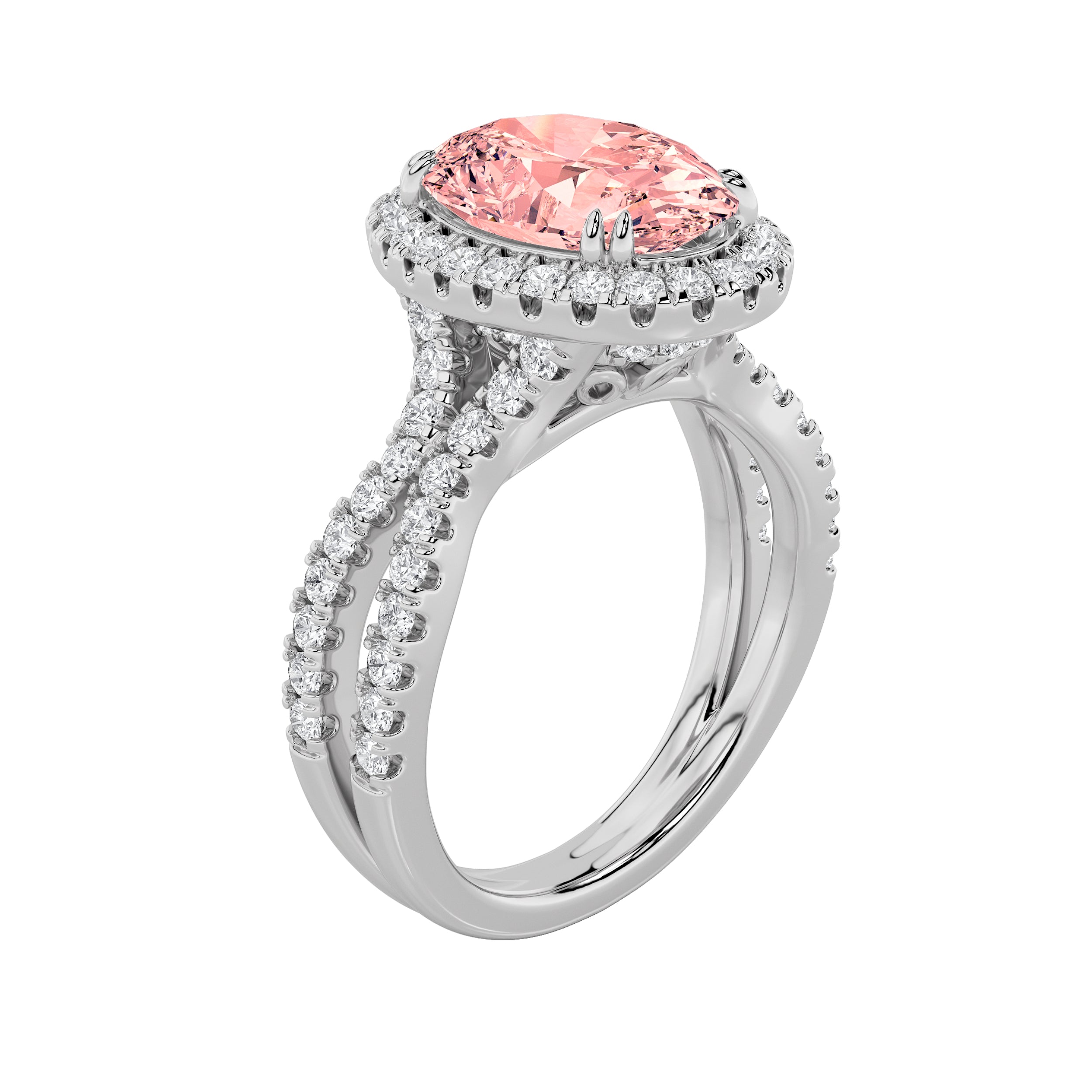4CTW Oval Shaped Lab Grown Diamond (F/VS) Split Shank Halo Engagement Ring in 14K Gold