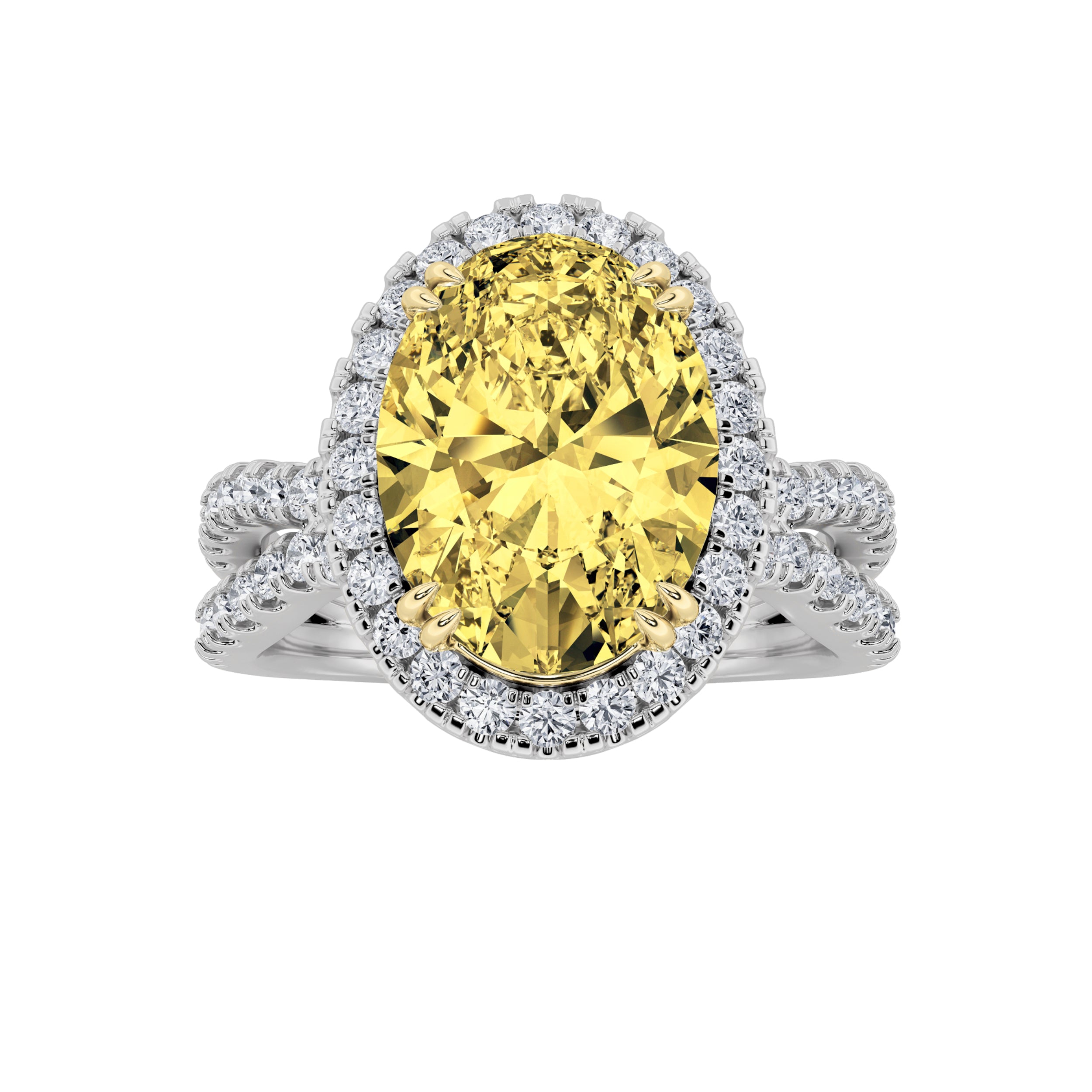 4CTW Oval Shaped Lab Grown Diamond (F/VS) Split Shank Halo Engagement Ring in 14K Gold