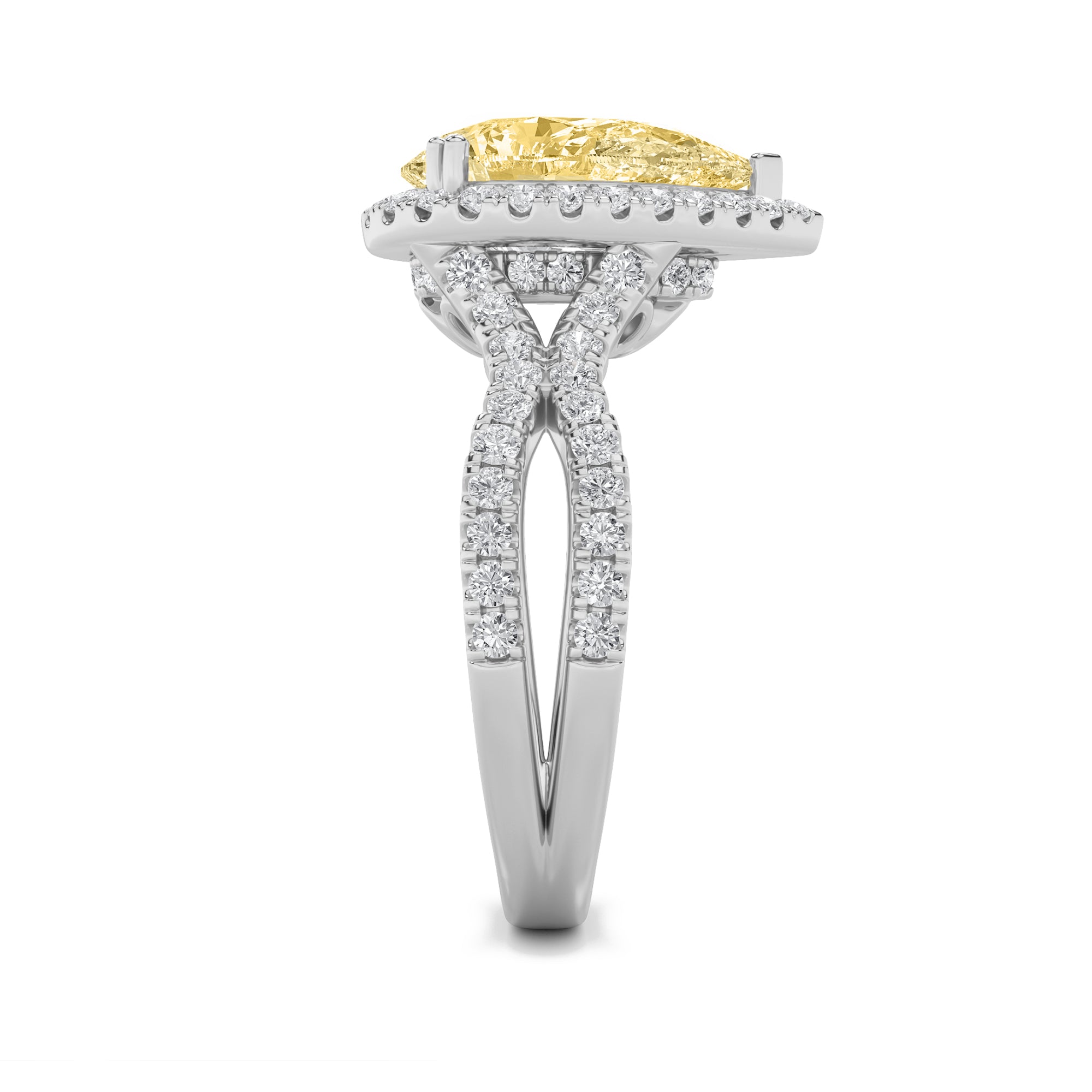 4CTW Pear Shaped Lab Grown Diamond (F/VS) Split Shank Halo Engagement Ring in 14K Gold