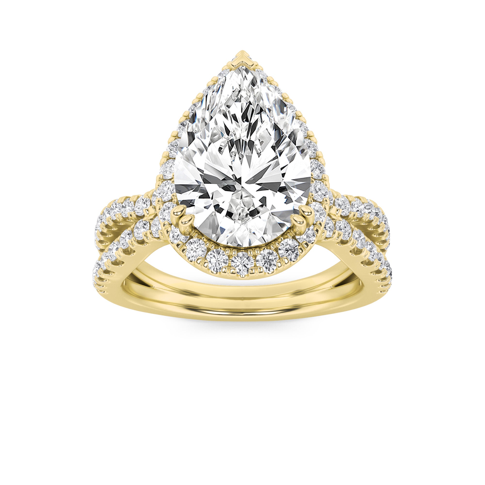 4CTW Pear Shaped Lab Grown Diamond (G/VS) Split Shank Halo Engagement Ring in 14K Gold