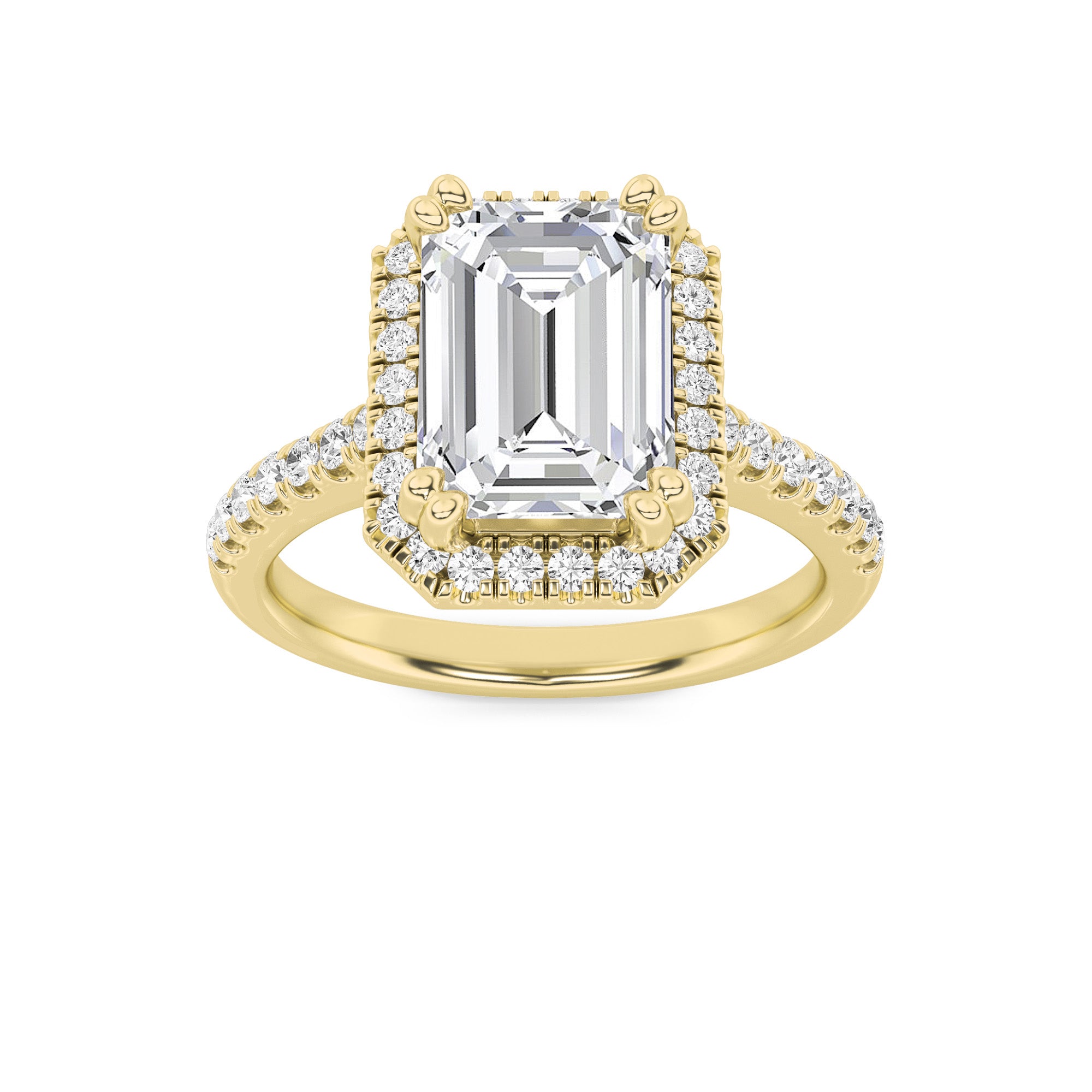 3CTW Emerald Shaped Lab Grown Diamond (F/VS) Classic Halo Accented Engagement Ring in 14K Gold