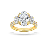 5CTW Oval Shaped Lab Grown Diamond (F/VS) Three Stone Accented Engagement Ring in 14K Gold