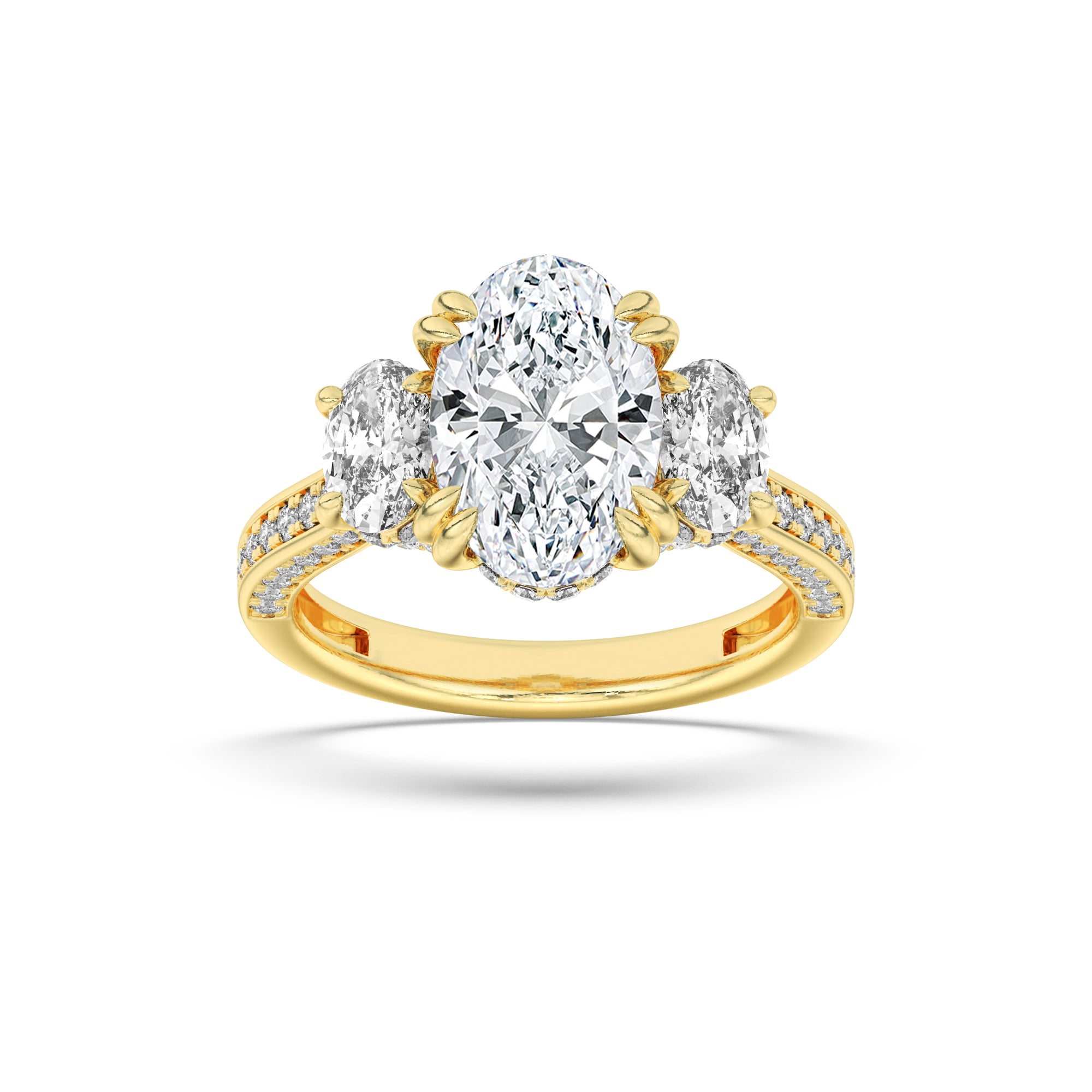 5CTW Oval Shaped Lab Grown Diamond (F/VS) Three Stone Accented Engagement Ring in 14K Gold
