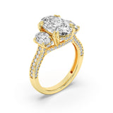 5CTW Oval Shaped Lab Grown Diamond (F/VS) Three Stone Accented Engagement Ring in 14K Gold