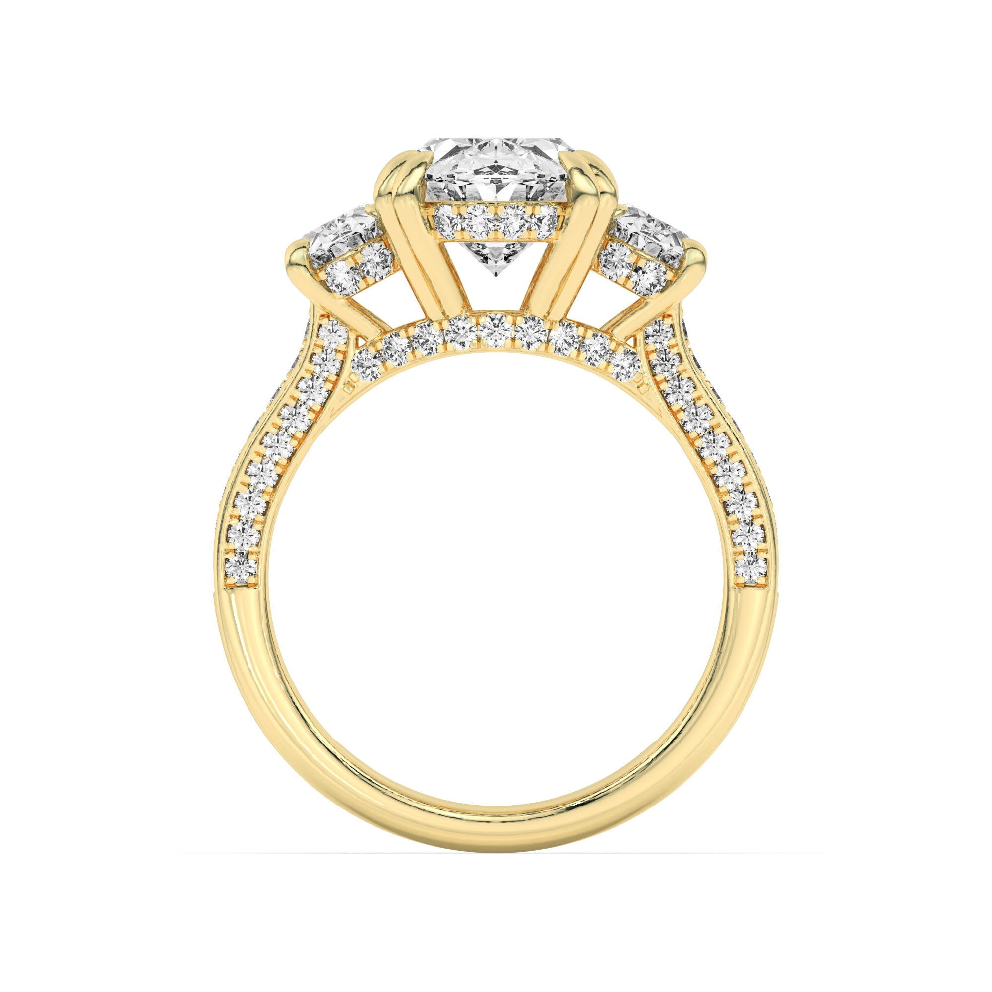 5CTW Oval Shaped Lab Grown Diamond (F/VS) Three Stone Accented Engagement Ring in 14K Gold