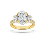 5CTW Oval Shaped Lab Grown Diamond (G/VS) Three Stone Accented Engagement Ring in 14K Gold