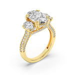 5CTW Oval Shaped Lab Grown Diamond (G/VS) Three Stone Accented Engagement Ring in 14K Gold