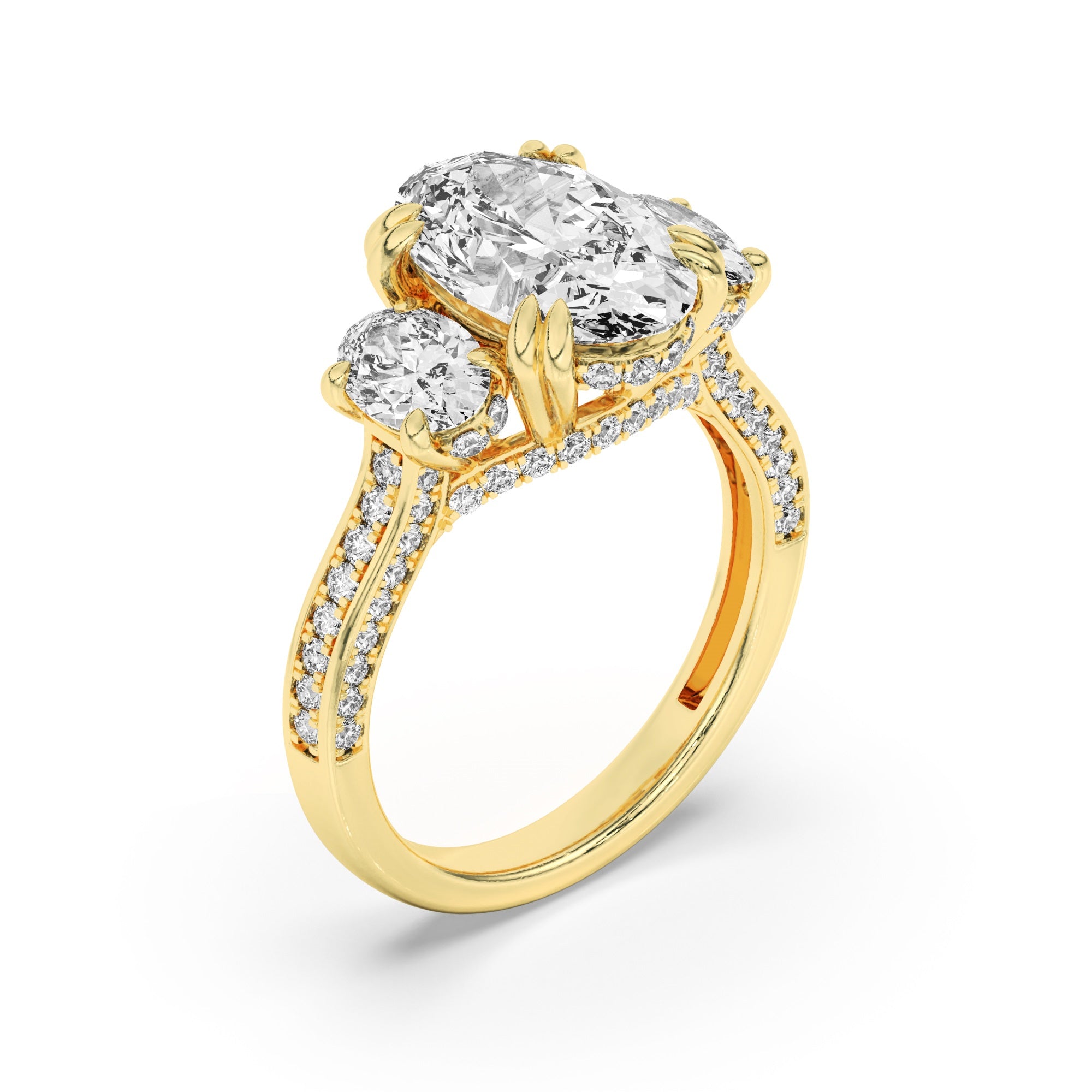 5CTW Oval Shaped Lab Grown Diamond (G/VS) Three Stone Accented Engagement Ring in 14K Gold