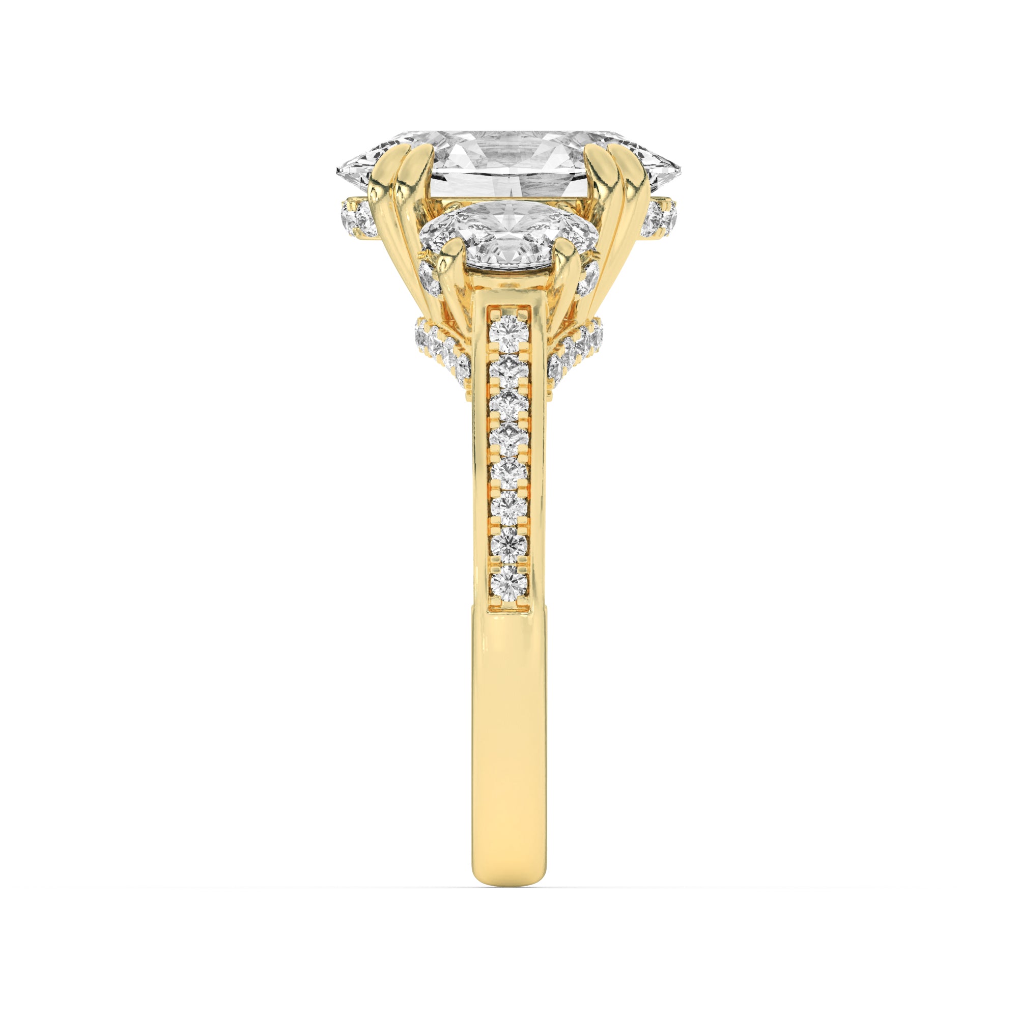 5CTW Oval Shaped Lab Grown Diamond (G/VS) Three Stone Accented Engagement Ring in 14K Gold