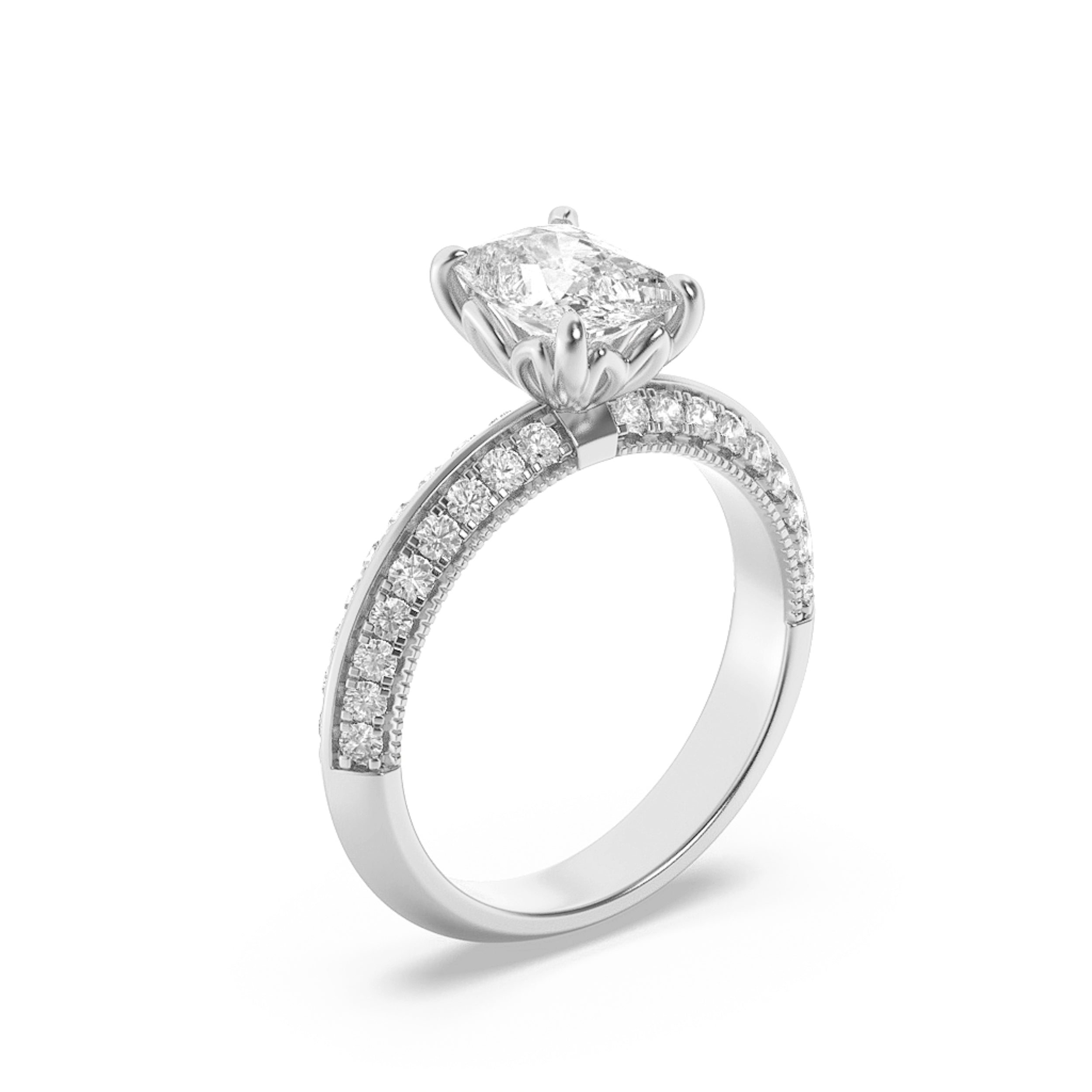 1.75CTW Elongated Cushion Shaped Lab Grown Diamond (F/VS) Three Row Micro Pave Engagement Ring in 14K Gold
