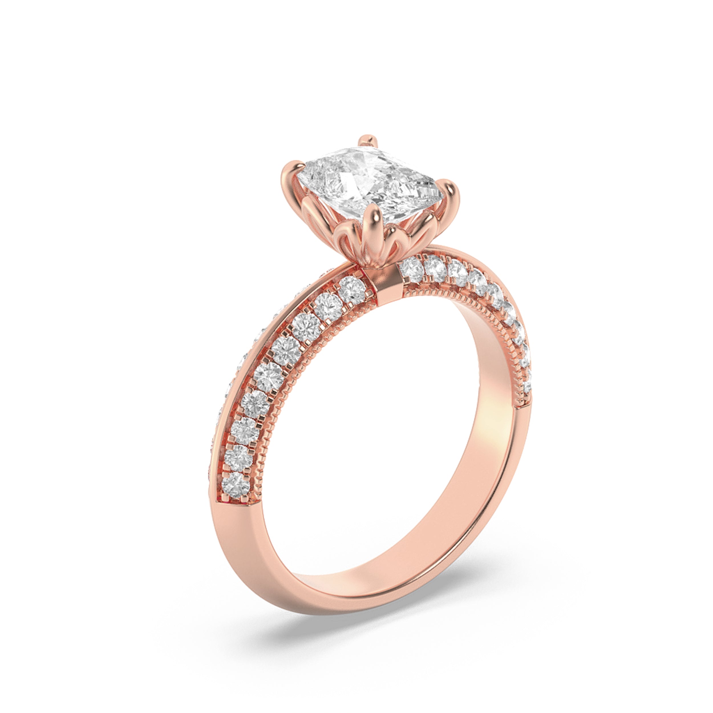 1.75CTW Elongated Cushion Shaped Lab Grown Diamond (F/VS) Three Row Micro Pave Engagement Ring in 14K Gold