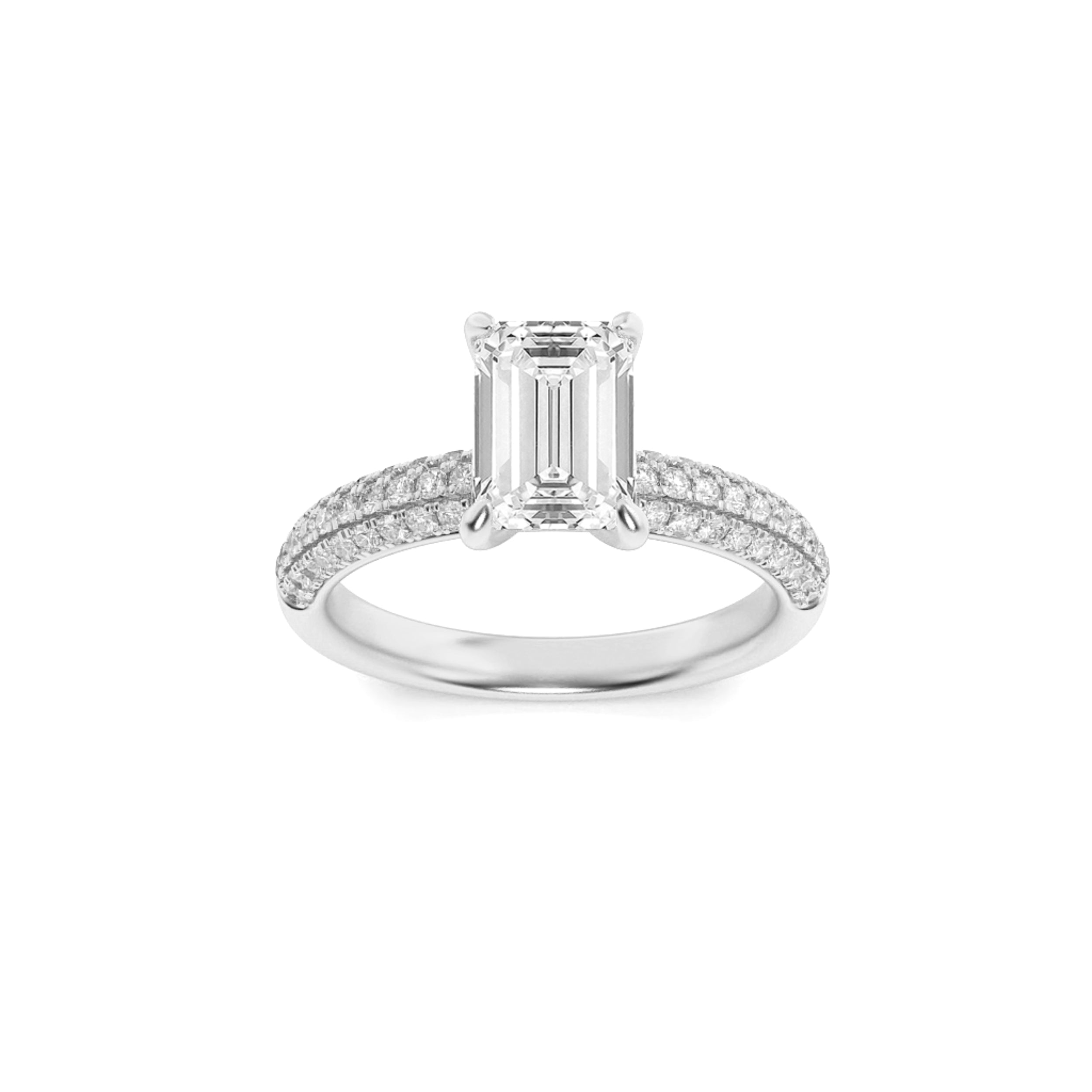 1.5CTW Emerald Shaped Lab Grown Diamond (F/VS) Three Row Micro Pave Engagement Ring in 14K Gold