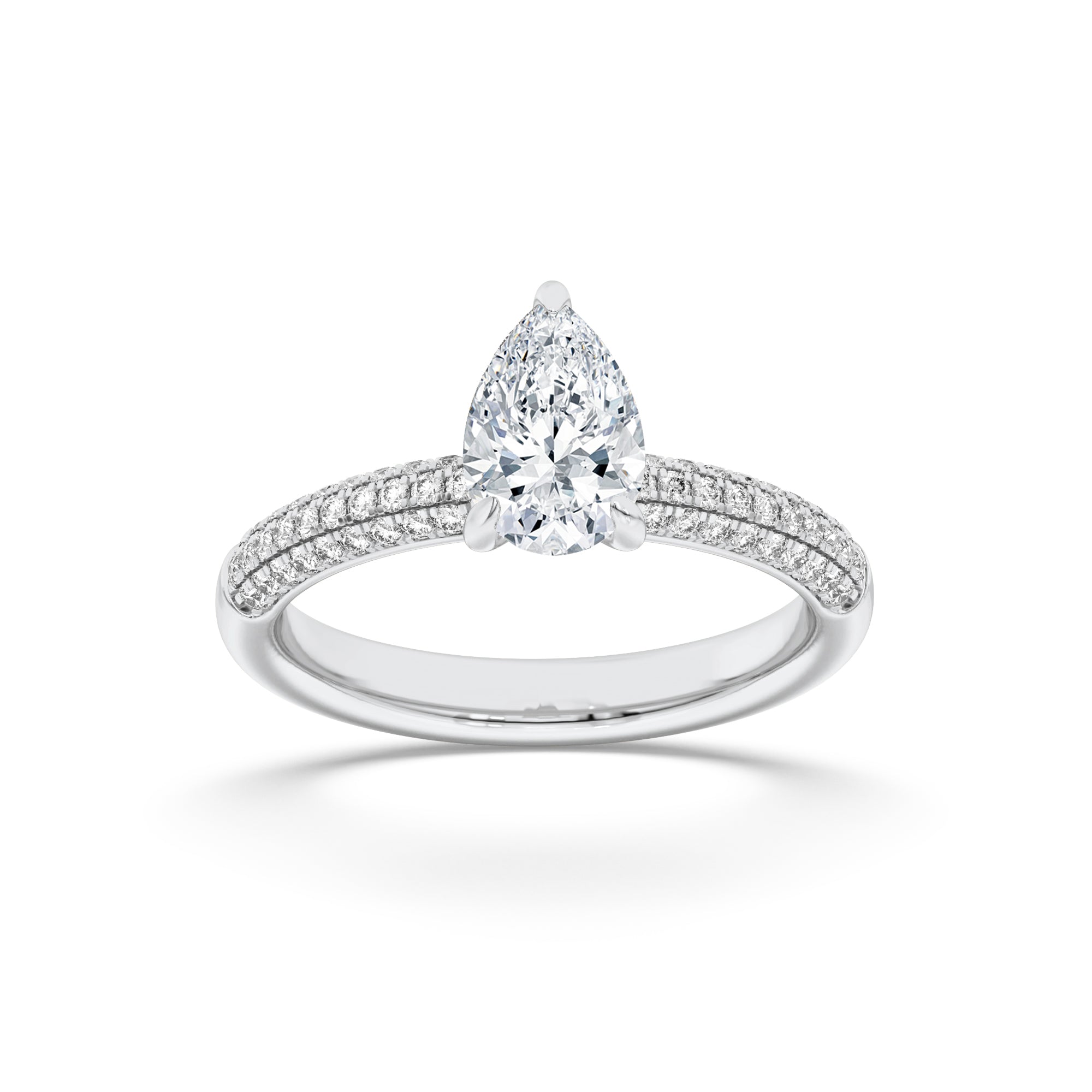 1.5CTW Pear Shaped Lab Grown Diamond (F/VS) Three Row Micro Pave Engagement Ring in 14K Gold