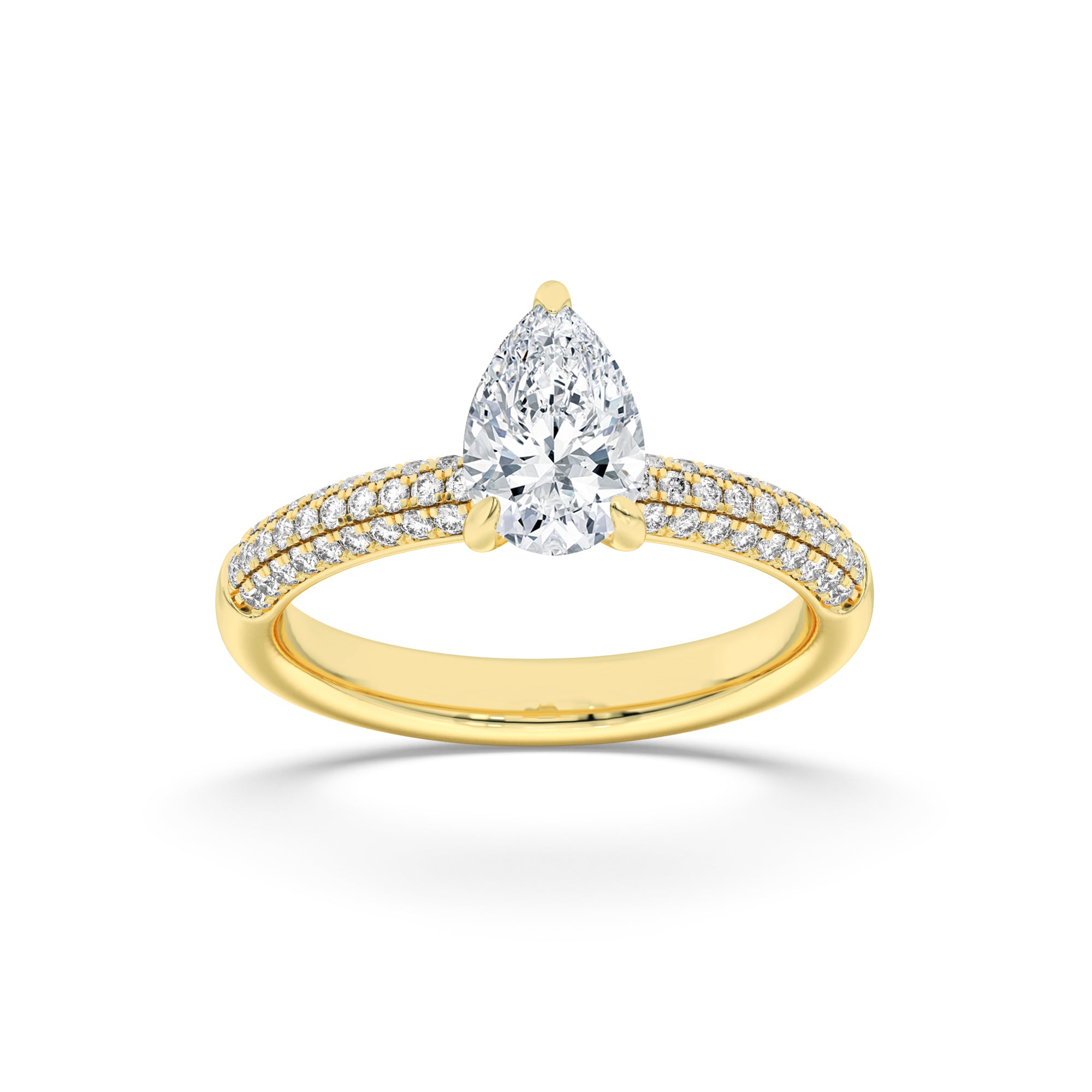 1.5CTW Pear Shaped Lab Grown Diamond (F/VS) Three Row Micro Pave Engagement Ring in 14K Gold