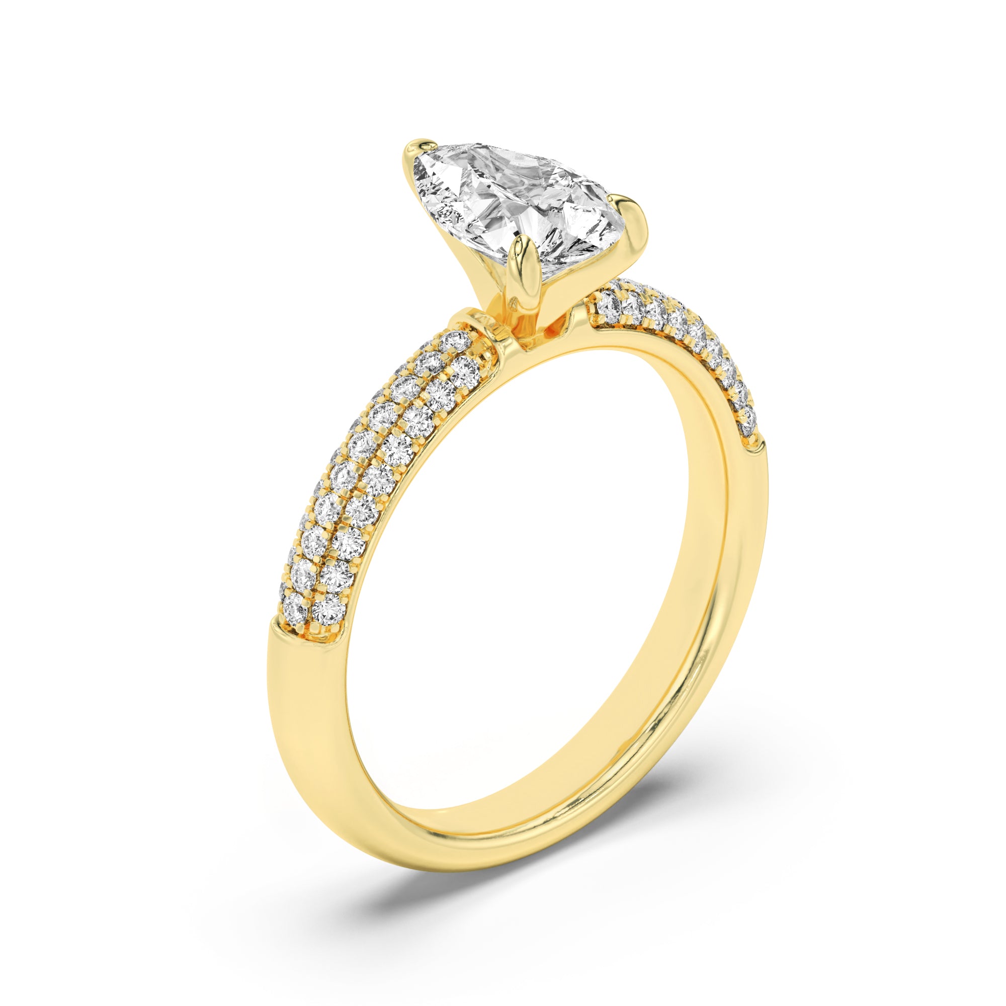 1.5CTW Pear Shaped Lab Grown Diamond (F/VS) Three Row Micro Pave Engagement Ring in 14K Gold