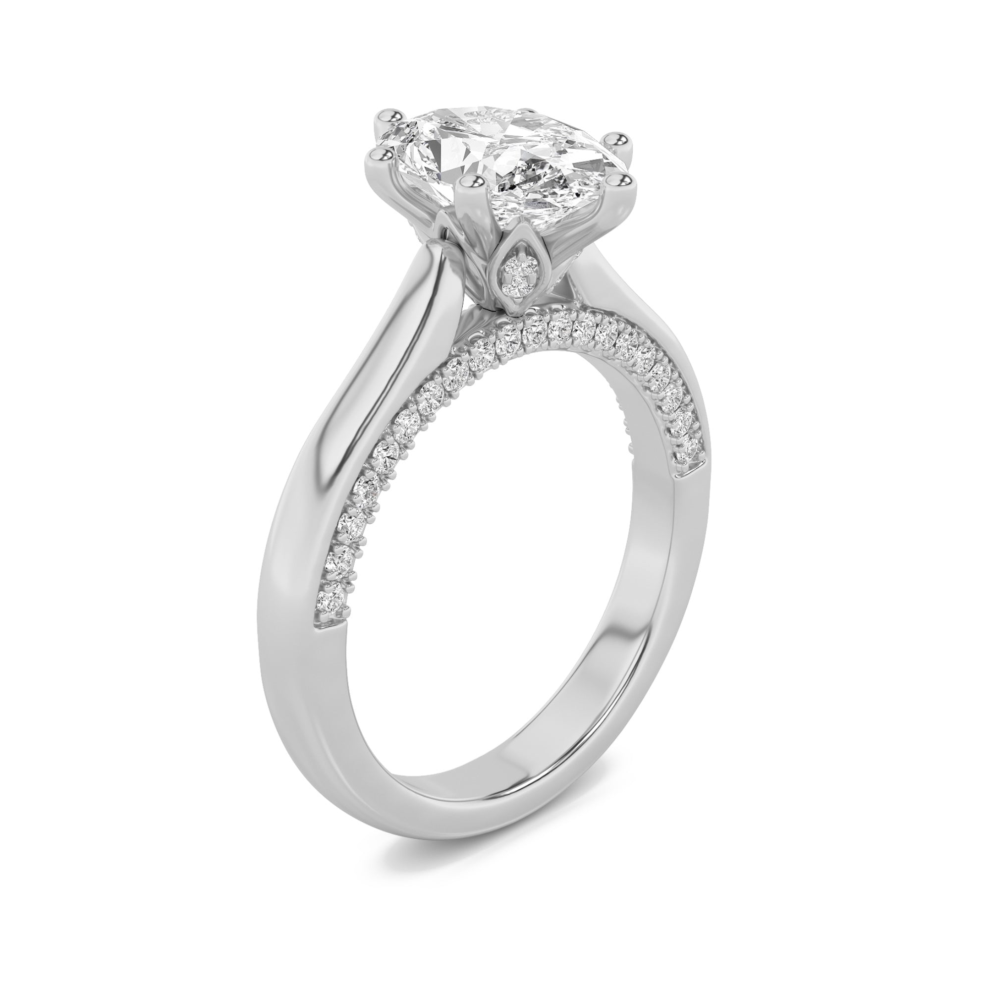 2CTW Oval Shaped Lab Grown Diamond (F/VS) Tulip Motif Accented Engagement Ring in 14K Gold