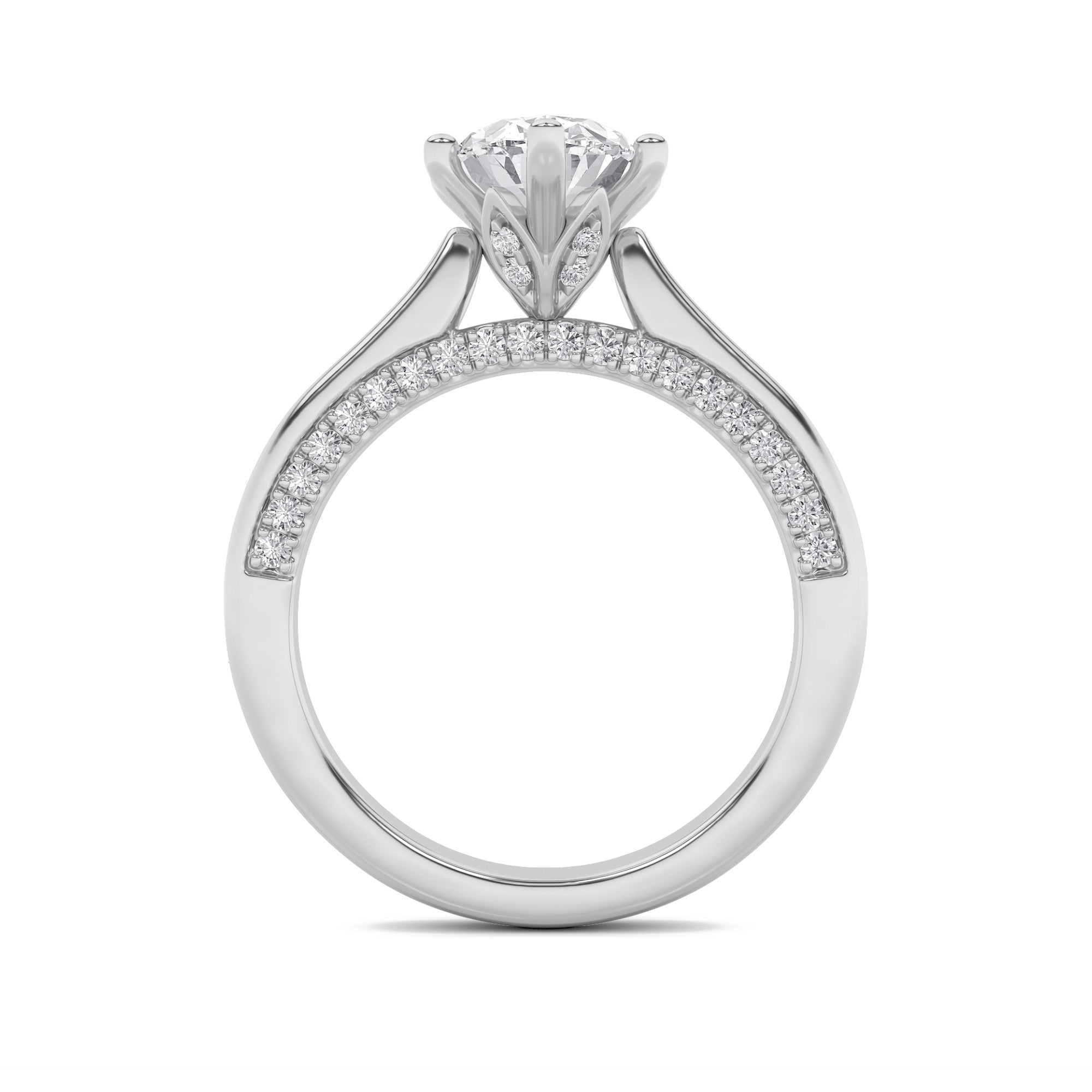 2CTW Oval Shaped Lab Grown Diamond (F/VS) Tulip Motif Accented Engagement Ring in 14K Gold