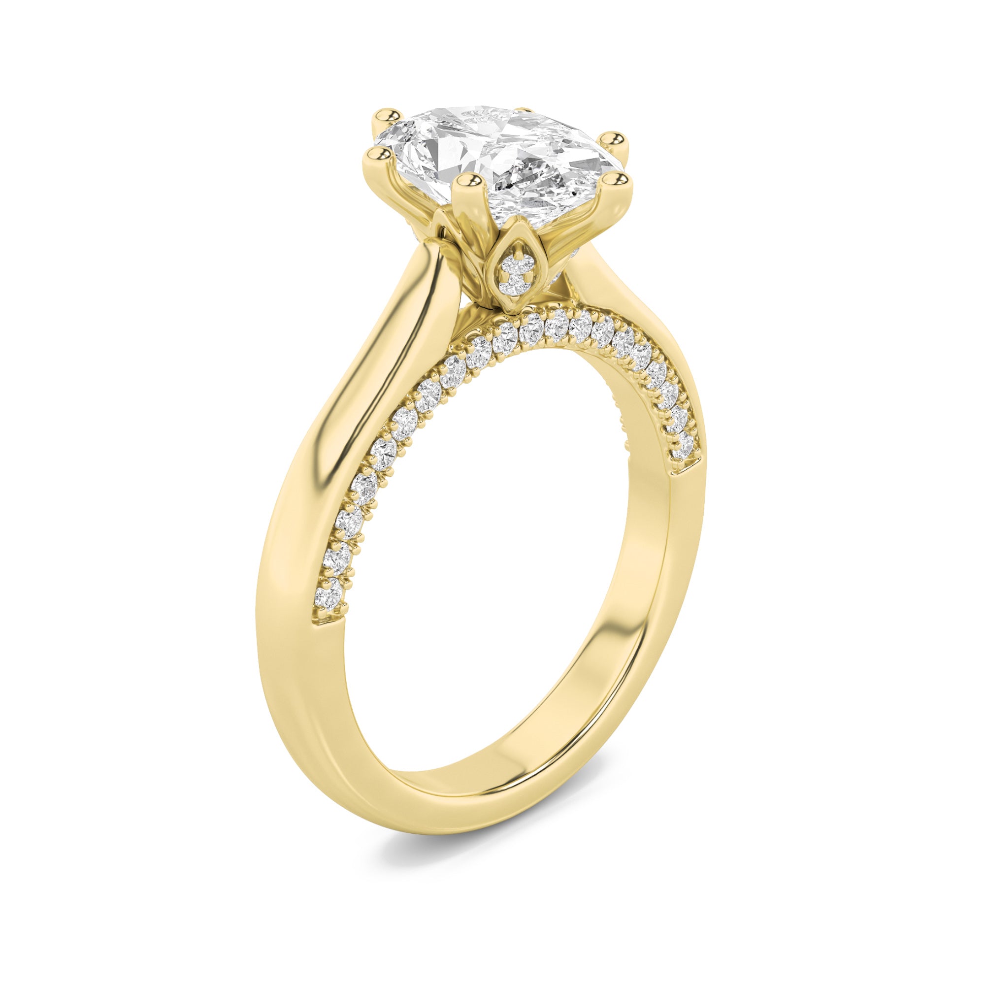 2CTW Oval Shaped Lab Grown Diamond (F/VS) Tulip Motif Accented Engagement Ring in 14K Gold