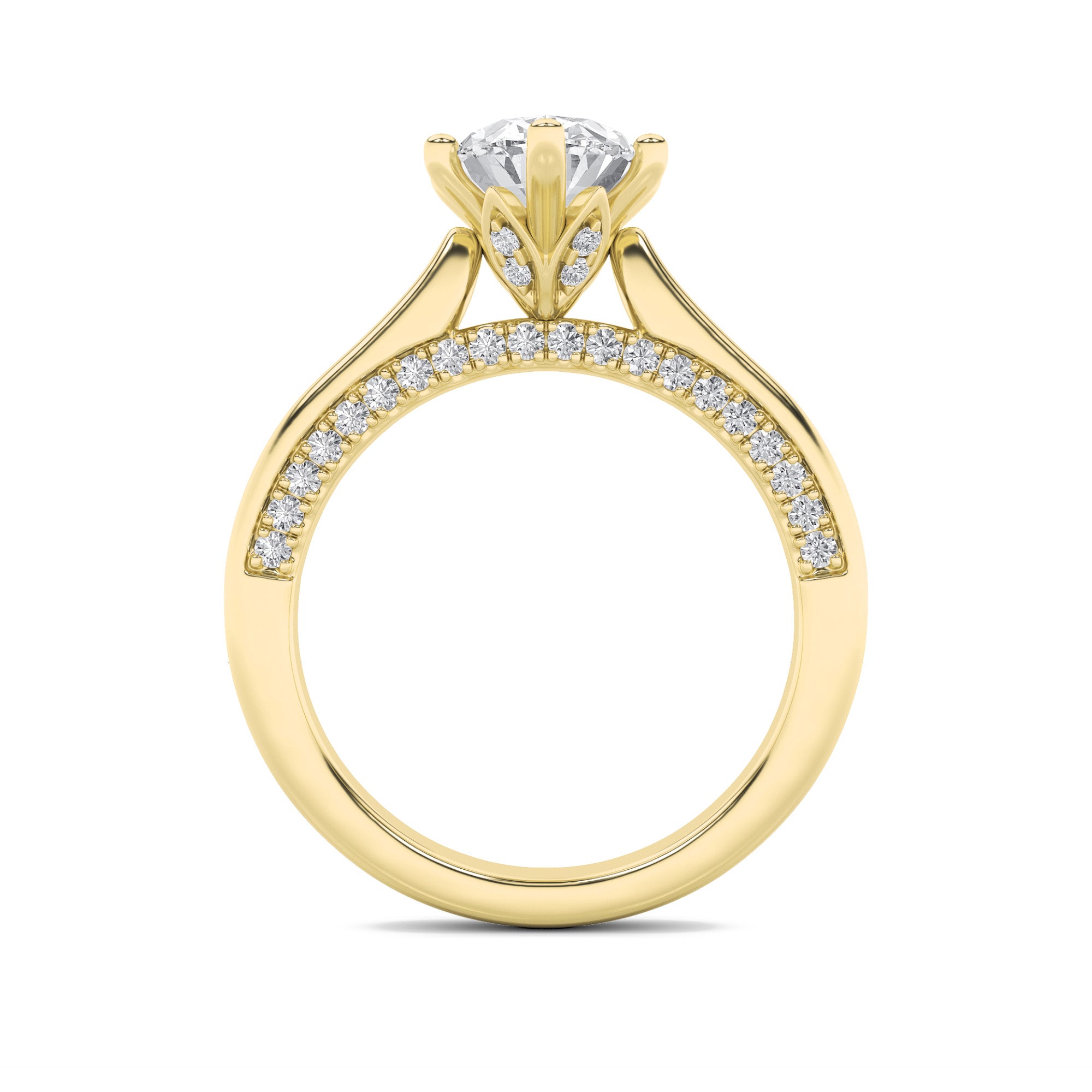 2CTW Oval Shaped Lab Grown Diamond (F/VS) Tulip Motif Accented Engagement Ring in 14K Gold
