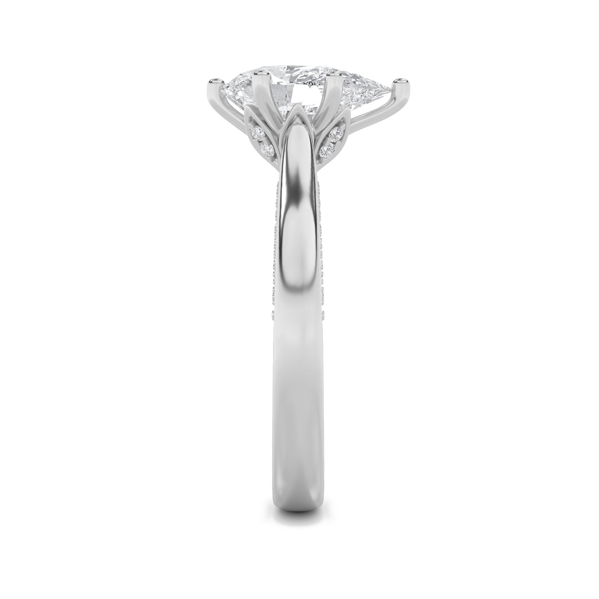 2CTW Pear Shaped Lab Grown Diamond (F/VS) Tulip Motif Accented Engagement Ring in 14K Gold