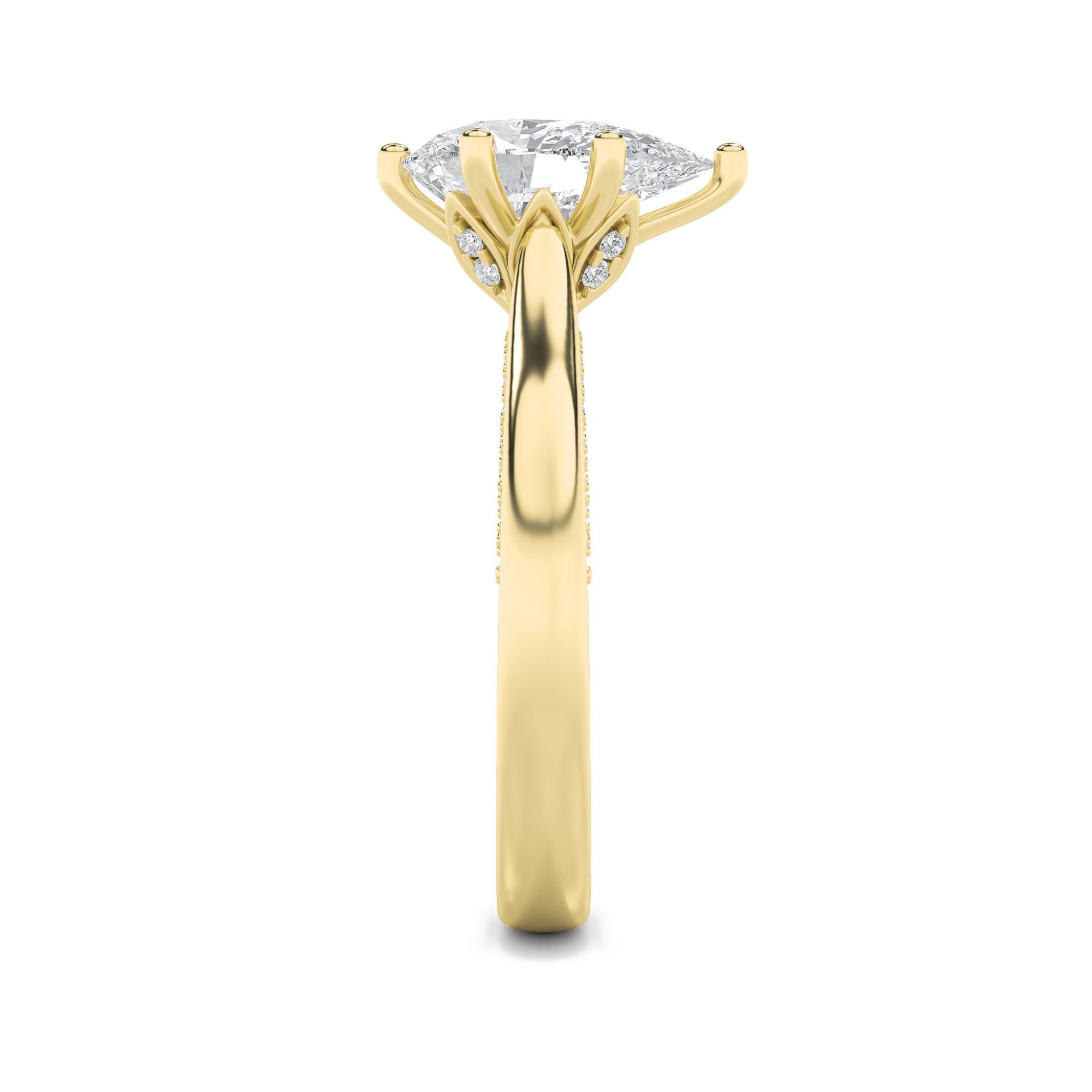 2CTW Pear Shaped Lab Grown Diamond (F/VS) Tulip Motif Accented Engagement Ring in 14K Gold