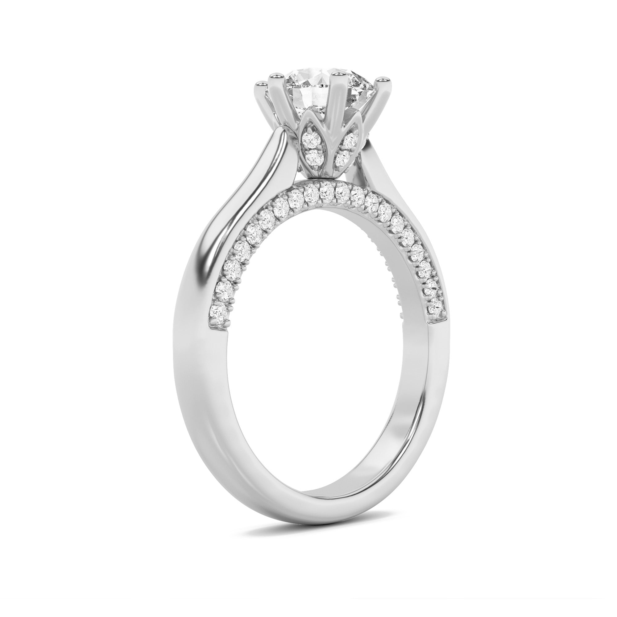 2CTW Round Shaped Lab Grown Diamond (F/VS) Tulip Motif Accented Engagement Ring in 14K Gold
