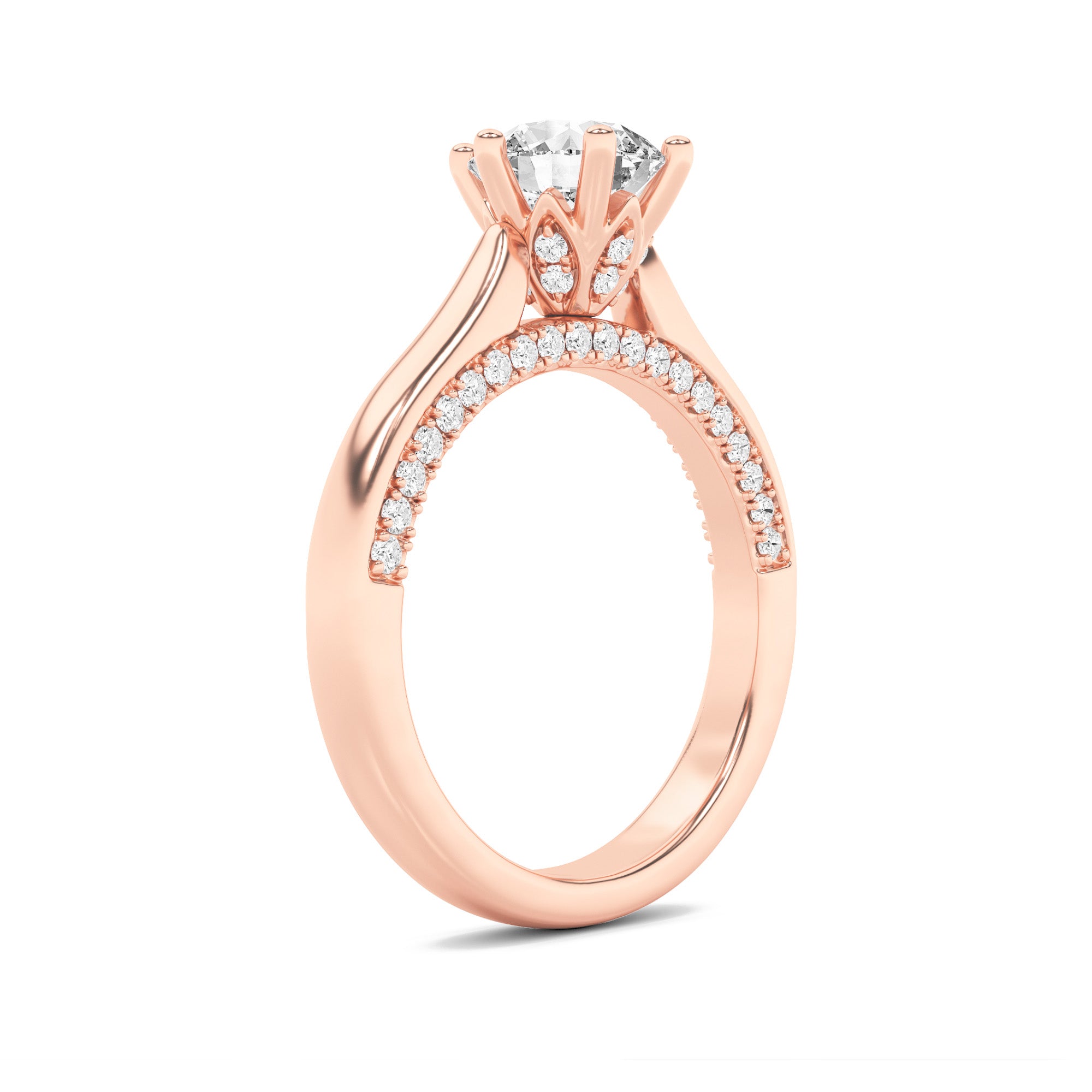 2CTW Round Shaped Lab Grown Diamond (F/VS) Tulip Motif Accented Engagement Ring in 14K Gold