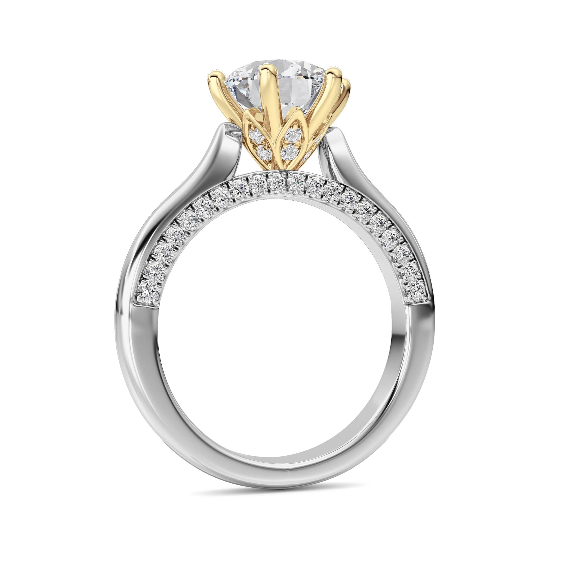 2CTW Round Shaped Lab Grown Diamond (F/VS) Tulip Motif Accented Engagement Ring in 14K Gold