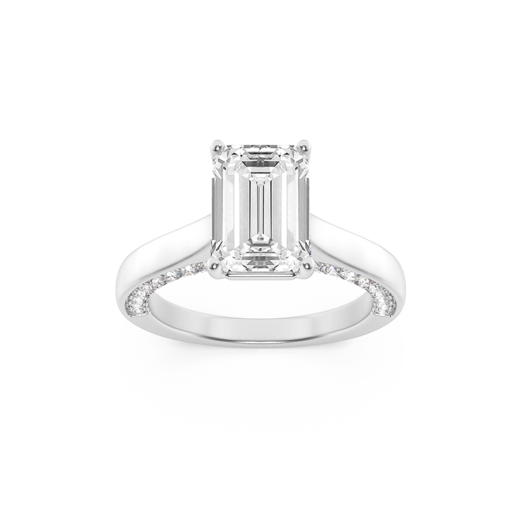 2CTW Emerald Shaped Lab Grown Diamond (G/VS) Accented Bridge Shank Engagement Ring in 14K Gold