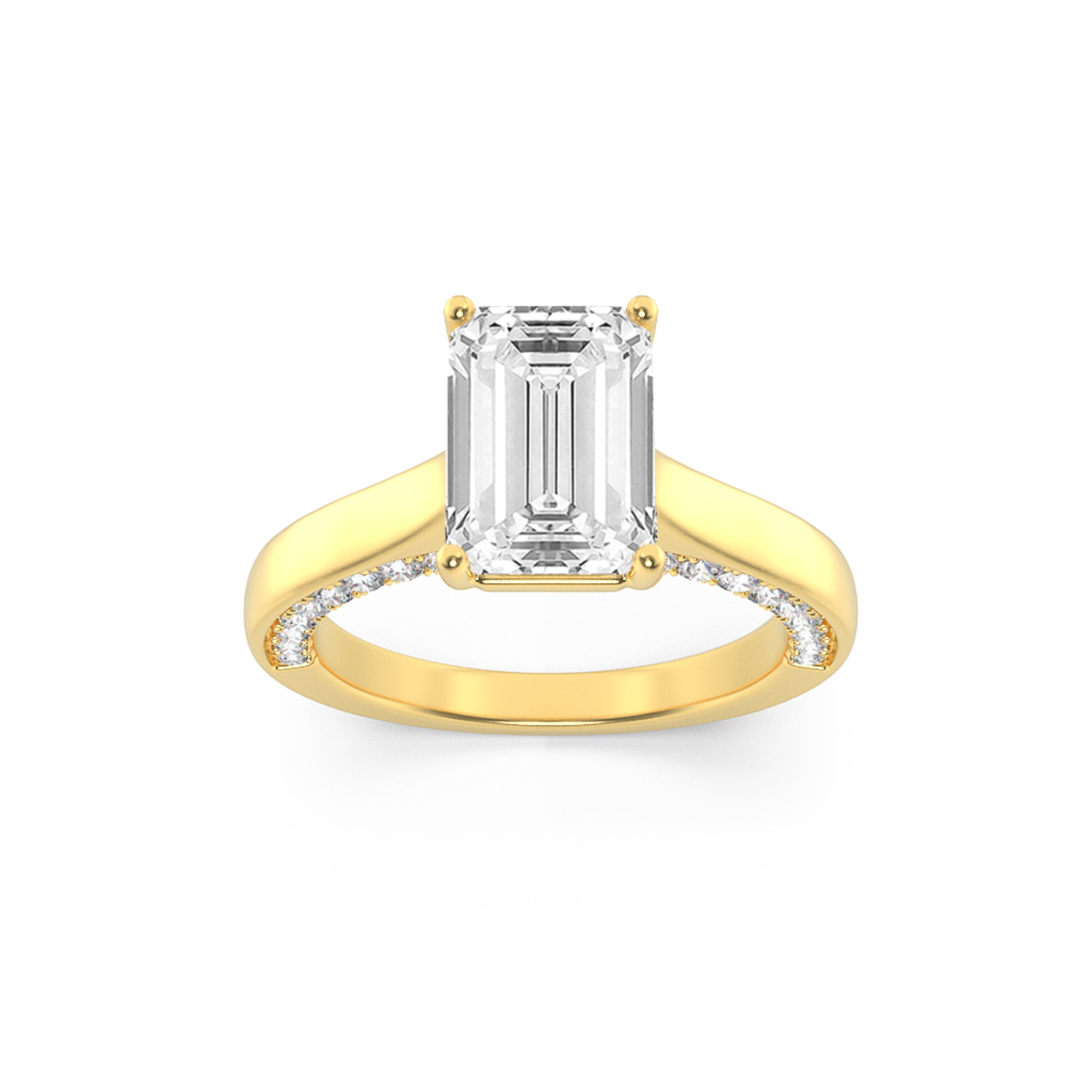 2CTW Emerald Shaped Lab Grown Diamond (G/VS) Accented Bridge Shank Engagement Ring in 14K Gold