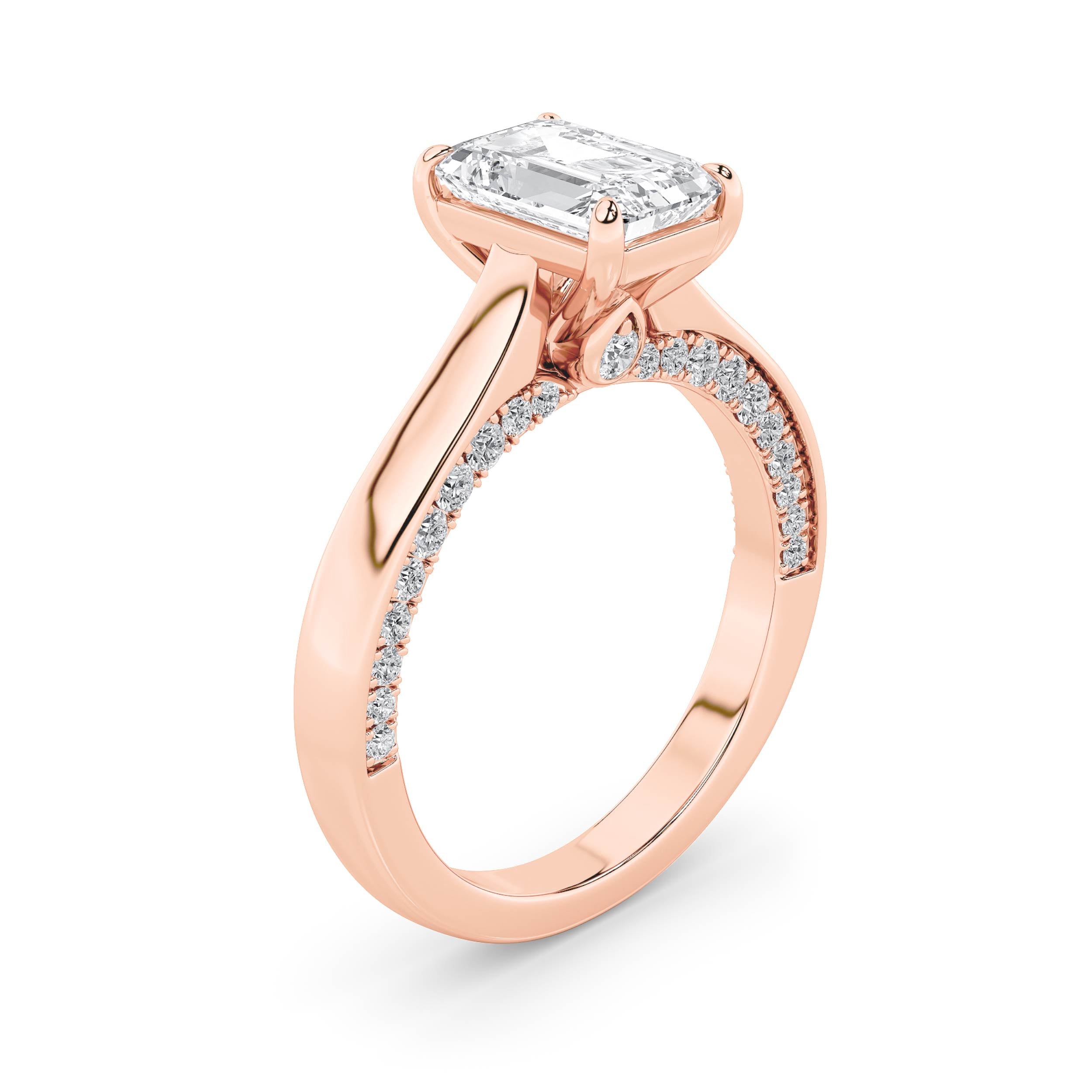 2CTW Emerald Shaped Lab Grown Diamond (G/VS) Accented Bridge Shank Engagement Ring in 14K Gold