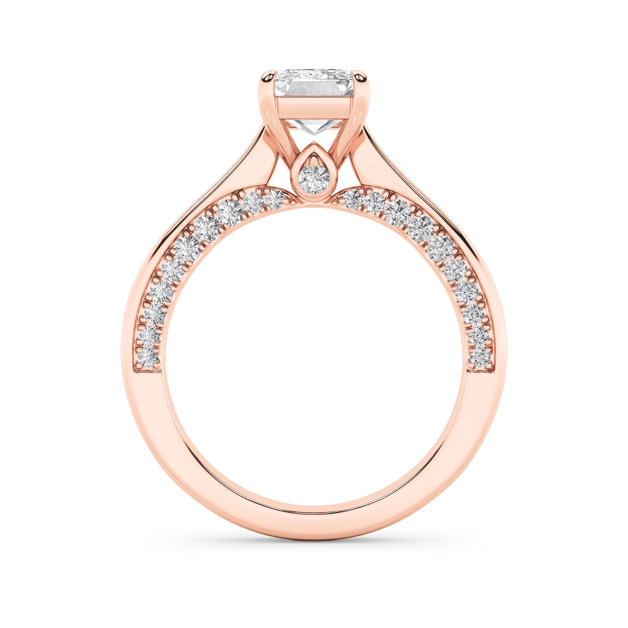 2CTW Emerald Shaped Lab Grown Diamond (G/VS) Accented Bridge Shank Engagement Ring in 14K Gold