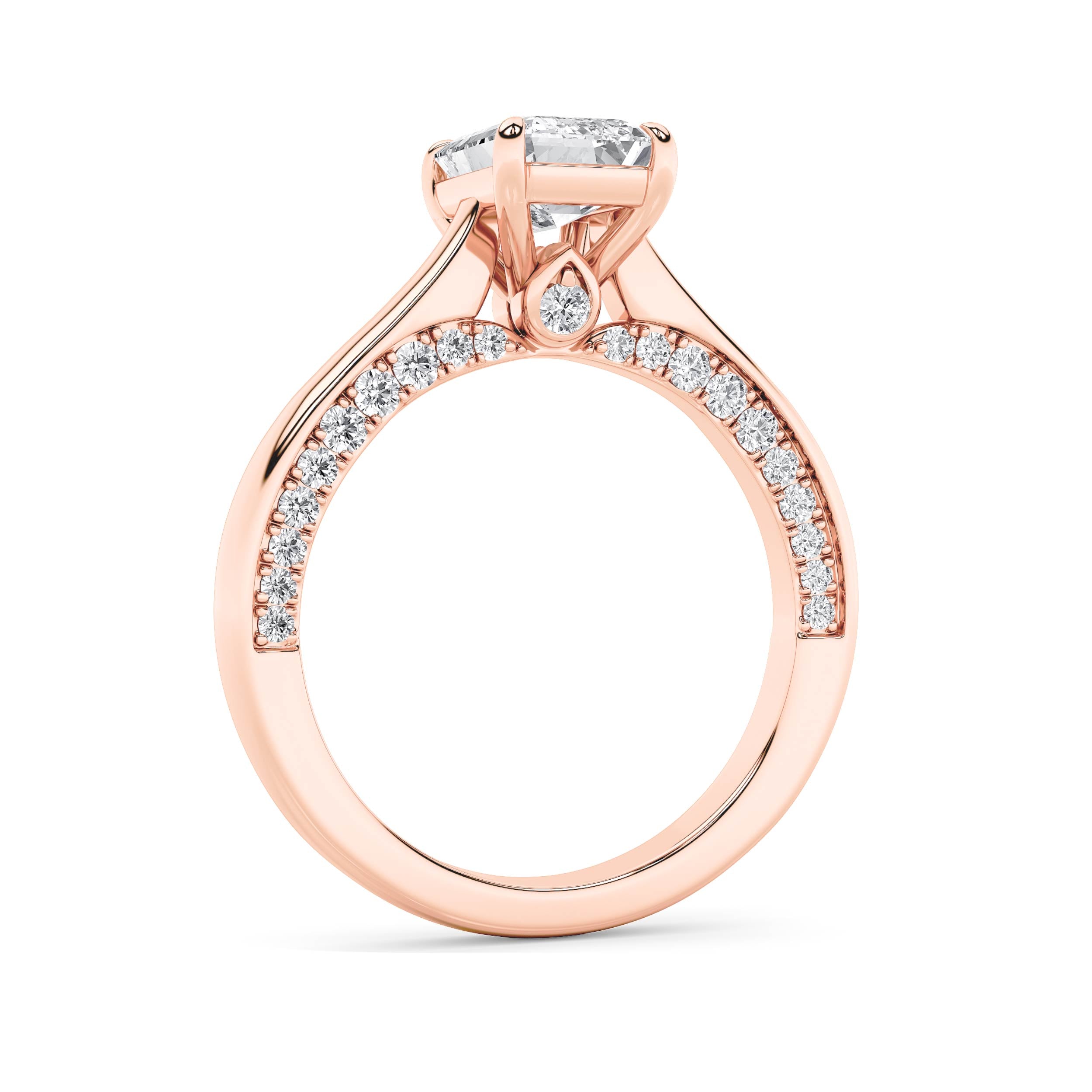 2CTW Emerald Shaped Lab Grown Diamond (G/VS) Accented Bridge Shank Engagement Ring in 14K Gold