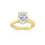 2CTW Oval Shaped Lab Grown Diamond (F/VS) Accented Bridge Shank Engagement Ring in 14K Gold