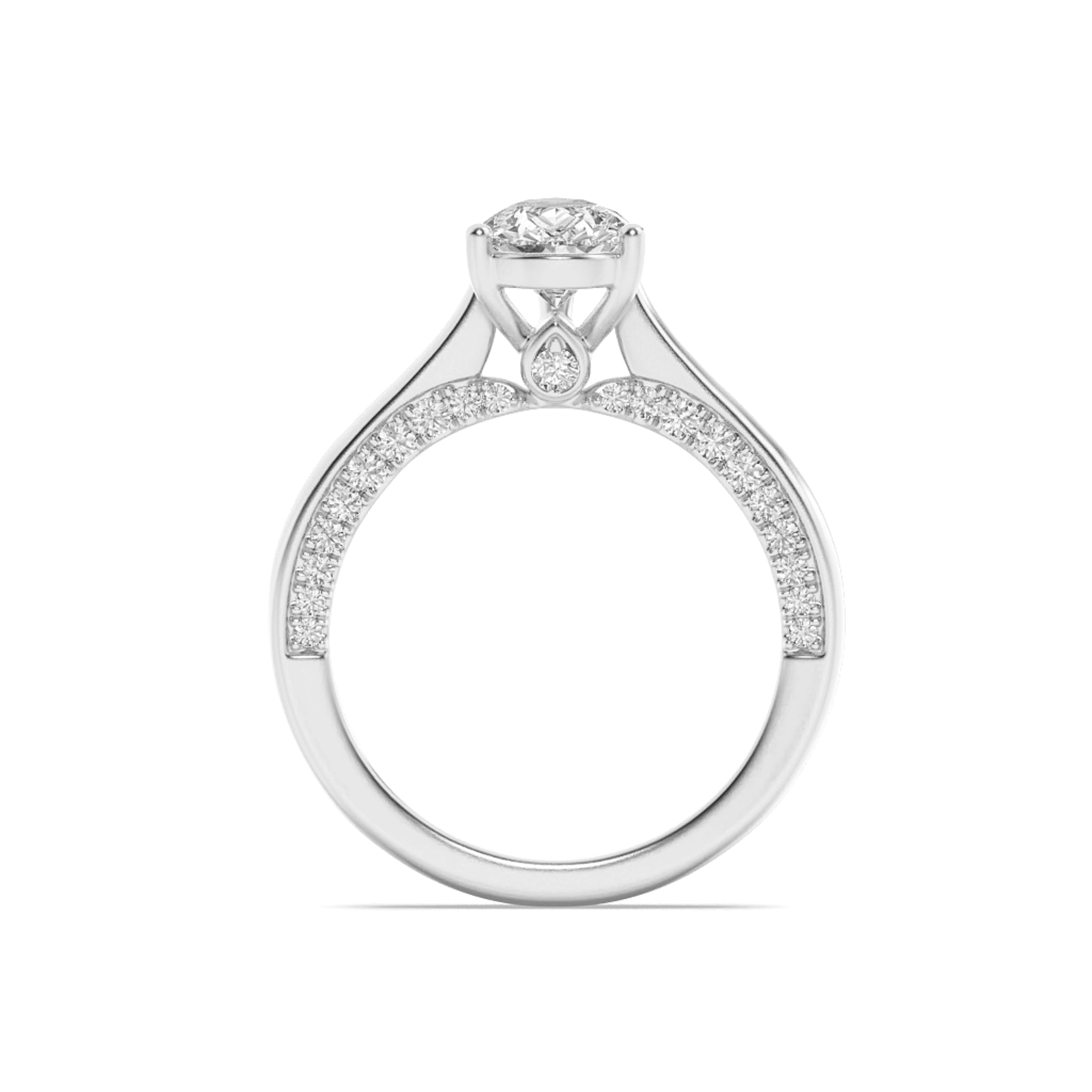 2CTW Pear Shaped Lab Grown Diamond (F/VS) Accented Bridge Shank Engagement Ring in 14K Gold