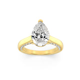 2CTW Pear Shaped Lab Grown Diamond (F/VS) Accented Bridge Shank Engagement Ring in 14K Gold