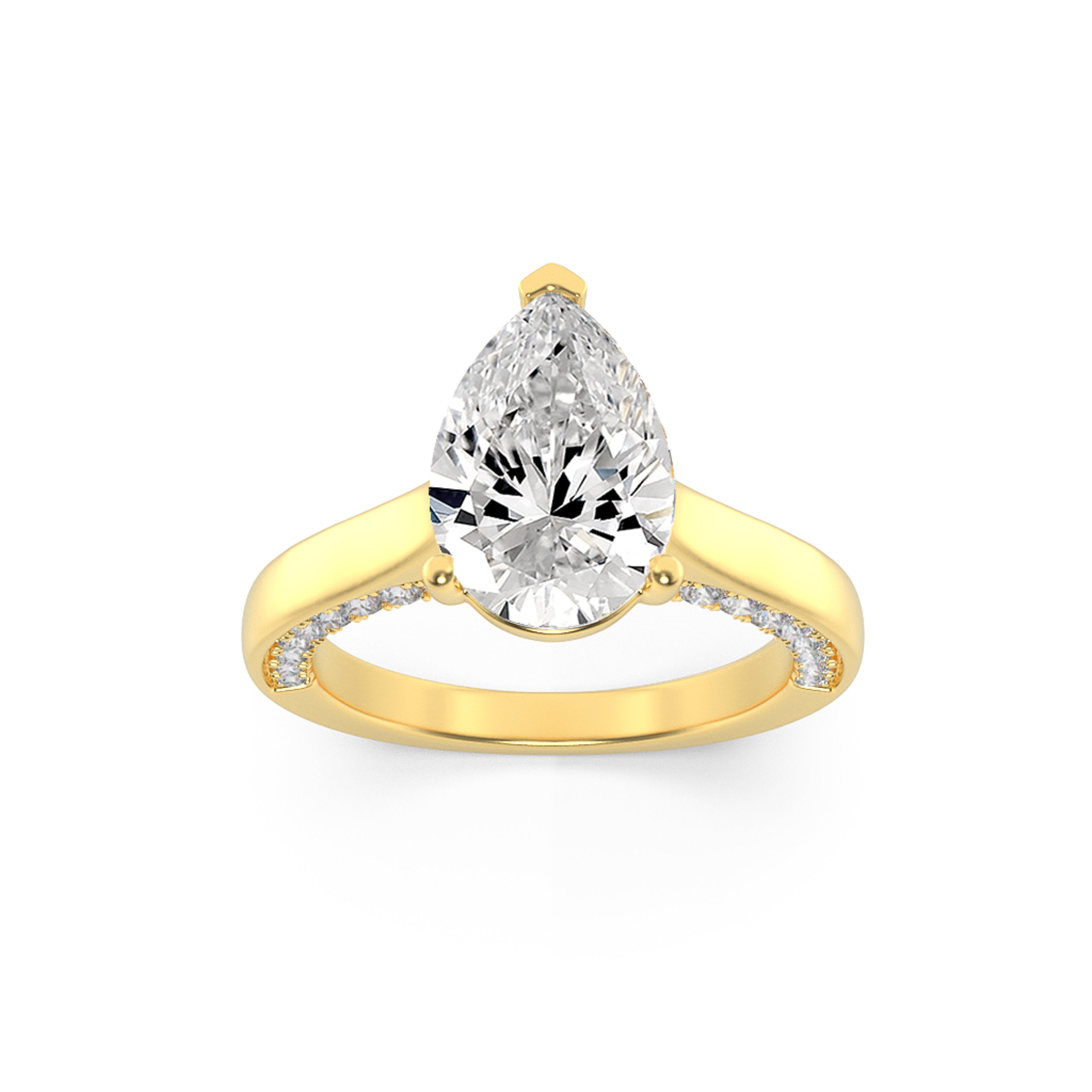2CTW Pear Shaped Lab Grown Diamond (F/VS) Accented Bridge Shank Engagement Ring in 14K Gold