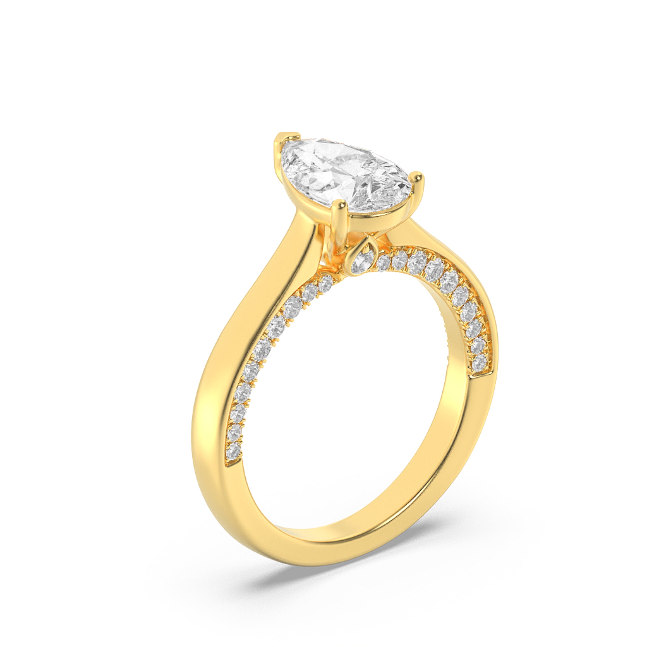 2CTW Pear Shaped Lab Grown Diamond (F/VS) Accented Bridge Shank Engagement Ring in 14K Gold