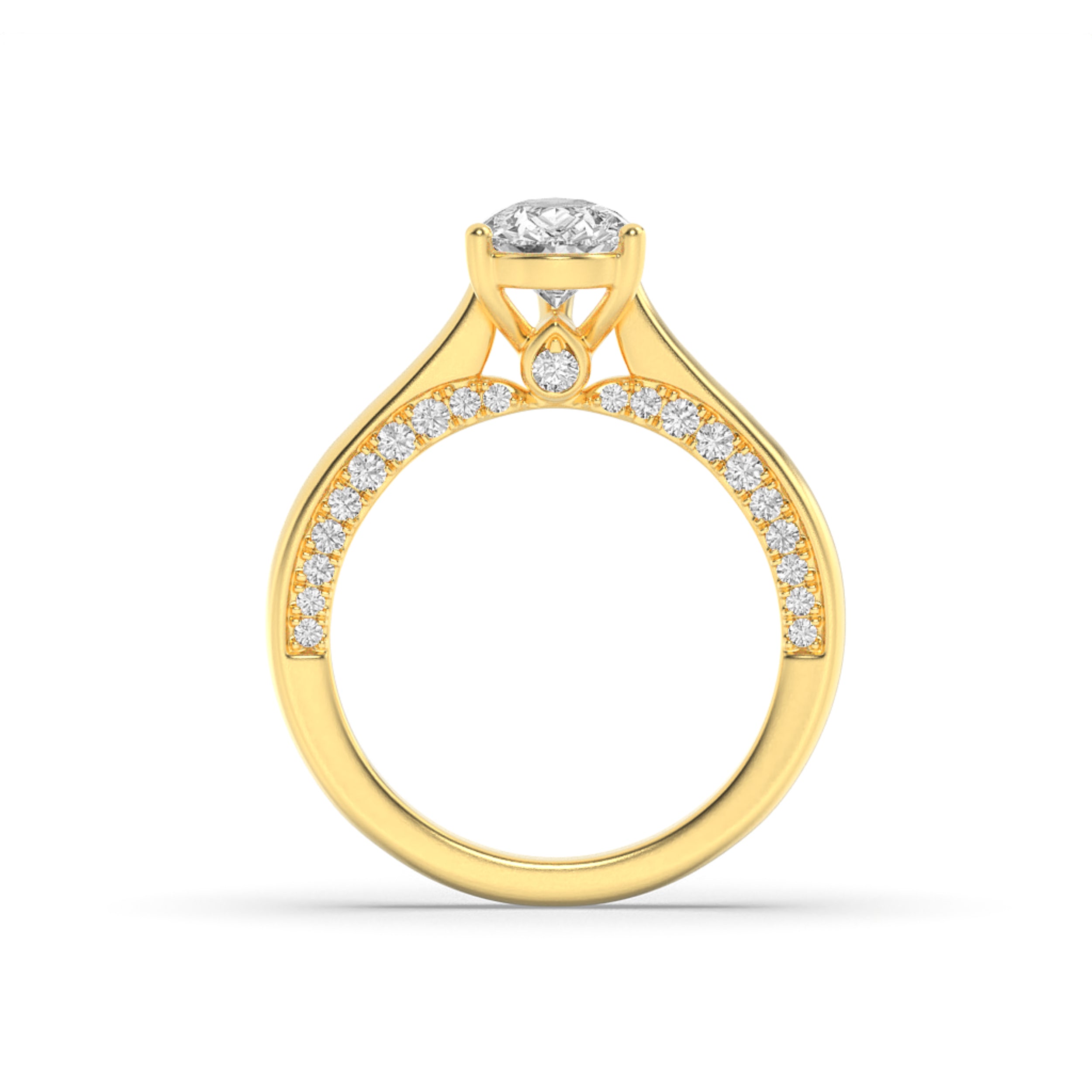 2CTW Pear Shaped Lab Grown Diamond (G/VS) Accented Bridge Shank Engagement Ring in 14K Gold