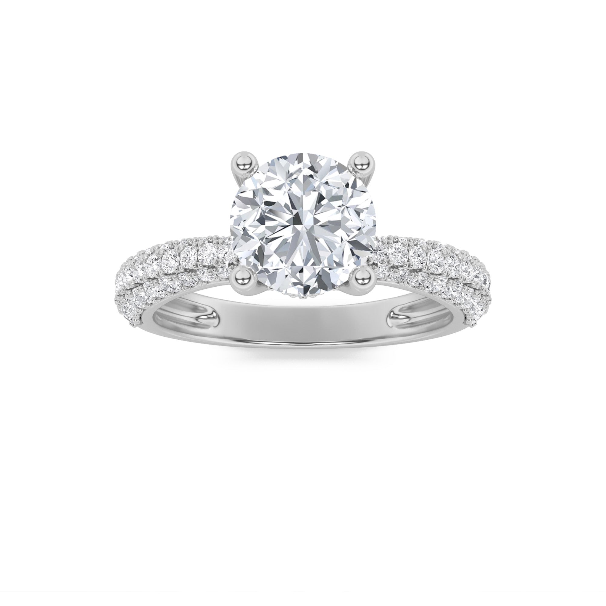 2CTW Round Shaped Lab Grown Diamond (F/VS) Three Row Micro Pave Engagement Ring in 14K Gold